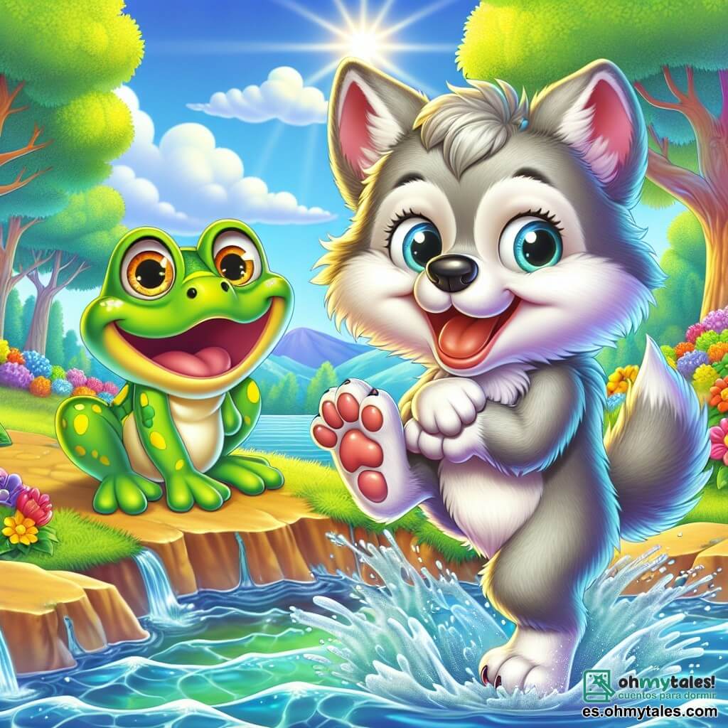 Un pequeño lobo de pelaje gris y suave, con grandes ojos brillantes de curiosidad y una amplia sonrisa, se encuentra al borde de un lago colorido, riendo de alegría. Está saltando en el lugar, listo para cruzar el lago de las Carcajadas. A su lado, una gran rana verde con manchas amarillas, con ojos chispeantes de malicia, está sobre una piedra, riendo a carcajadas mientras se agarra el vientre, divertida por las payasadas del lobo. Al fondo, el lago brilla bajo el sol, rodeado de flores multicolores que parecen reír y bailar al ritmo de las olas. Árboles majestuosos con hojas vibrantes bordean el lago, creando una atmósfera mágica y alegre. La escena principal muestra al pequeño lobo haciendo muecas y saltos cómicos para hacer reír a la rana, mientras el agua del lago salpica alegremente a su alrededor, llena de un ambiente festivo y de camaradería.