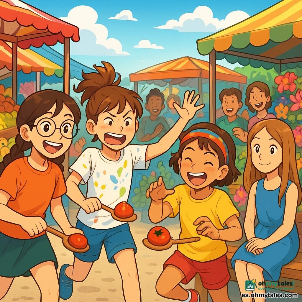 Hay 4 niños: - Vera: una niña de 10 años, con gafas redondas y trenzas castañas, sonriente y llena de energía, sostiene un mango dorado en sus manos. - Lila: una niña de 9 años, con un peinado desordenado y manchas de pintura en su camiseta, está haciendo una mueca divertida, con los brazos en alto. - Emi: una niña de 10 años, con el cabello corto y una diadema colorida, se ríe a carcajadas, con los ojos brillantes, y trata de atrapar un churro imaginario. - Sol: una niña de 10 años, con cabello largo y liso, vestida con un vestido azul, está sentada en un banco, observando a sus amigas con una sonrisa serena. El lugar es un mercado animado, lleno de coloridos puestos de frutas, verduras y dulces. Los puestos de flores de colores vivos rodean a los niños, mientras que un cielo azul brillante y nubes esponjosas añaden a la atmósfera alegre. La situación principal muestra a las cuatro amigas participando en una divertida carrera, cada una sosteniendo un tomate en una cuchara, avanzando lentamente con expresiones cómicas en sus rostros. Otros niños y adultos las animan, riendo de sus movimientos torpes y las muecas que hacen.