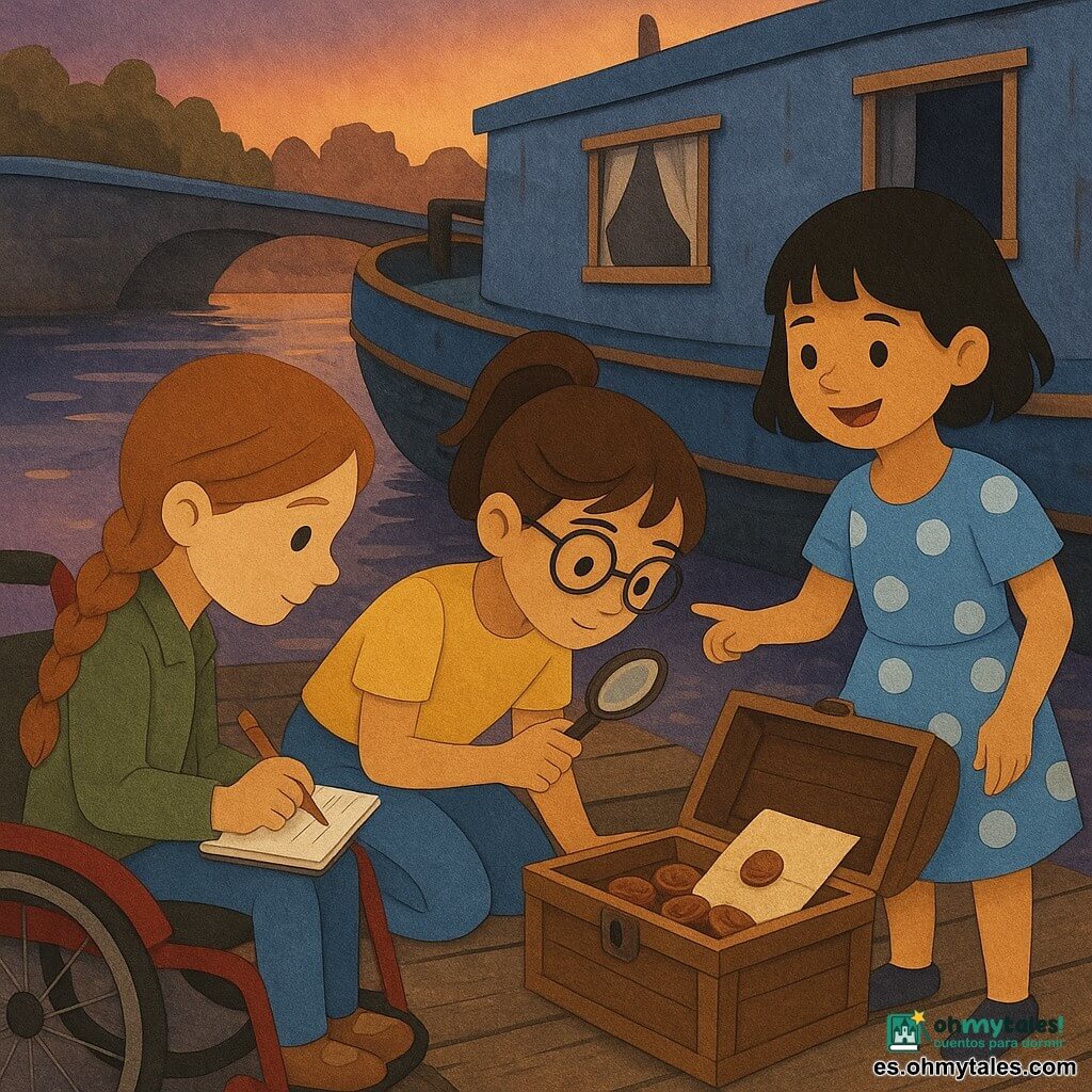 Hay tres niñas: Martina (~10) con coleta castaña, gafas redondas, camiseta amarilla y vaqueros, en el centro agachada junto a una caja de madera inspeccionando la cerradura con una pequeña lupa metálica; Paula (~9) pelirroja con trenzas, en silla de ruedas roja a la izquierda y algo adelantada, chaqueta verde, cuaderno de detective en la mano, apunta pistas con un lápiz; Lucía (~9) de pelo negro corto, vestido azul claro de lunares, sonriente a la derecha y algo atrasada, sostiene un palo fino y señala una tabla del muelle donde hay un sobre pegado. Lugar: viejo canal al crepúsculo con una peniche azul amarrada al muelle, pintura desconchada, ventana entreabierta con cortina blanca, tablas de madera texturadas y reflejos naranja y violeta en el agua. Situación: las tres pequeñas detectives han descubierto en la peniche una caja de madera abierta que contiene una carta y monedas de chocolate brillantes, con una atmósfera cálida y luz dorada entrando por la ventana.