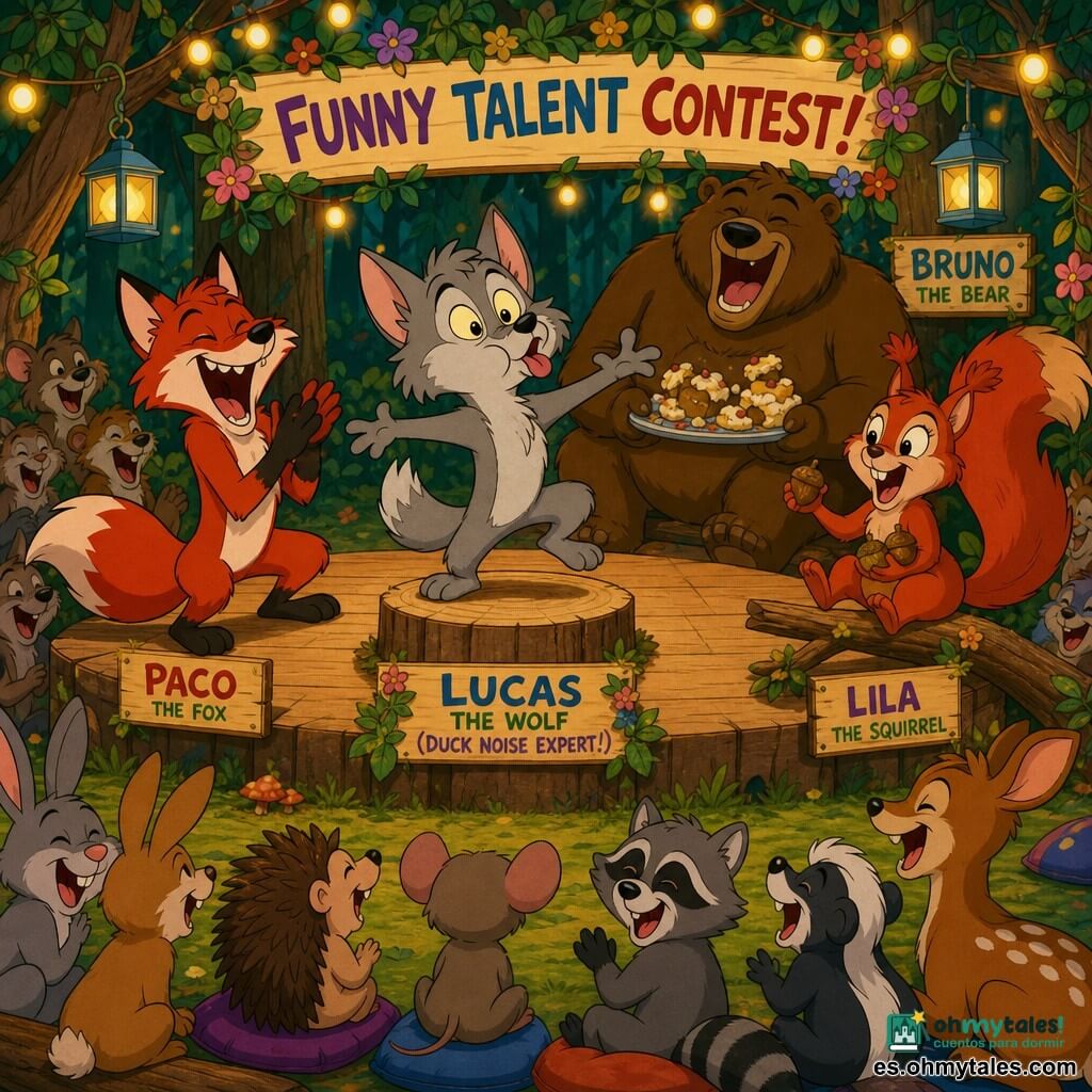 Un pequeño lobo gris llamado Lucas, antes tímido ahora alegre, de pelaje suave y grandes orejas, ojos brillantes, en el centro de un podio de troncos imitando un sonido de pato con gesto exagerado y sonrisa traviesa; a la izquierda Paco el zorro rojizo y pícaro, con cola tupida, doblado de risa aplaudiendo; a la derecha Lila la ardilla pelirroja, vivaz, sentada en una rama baja sosteniendo avellanas como accesorio y sonriendo; atrás Bruno el oso pardo, grande y bonachón, sentado cerca del público con una bandeja de pasteles aplastada en las rodillas riendo a carcajadas; lugar: centro comunitario en un claro de bosque iluminado con guirnaldas y luces amarillas, público de animales sobre troncos y cojines, alfombra de musgo; situación: concurso de talentos cómico, escenario de madera simple, ambiente cálido y festivo, expresiones exageradas y colores vivos, estilo cartoon años 90, composición centrada en Lucas con amigos reaccionando alrededor.
