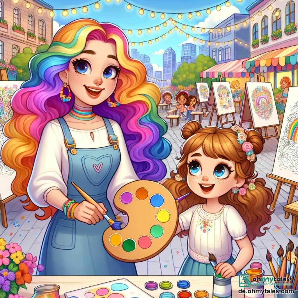Clara, eine Frau mit langen, lockigen Haaren in Regenbogenfarben, steht lächelnd und voller Enthusiasmus im Mittelpunkt der Bühne, einen Pinsel in der einen Hand und eine Palette mit leuchtenden Farben in der anderen. Neben ihr steht Mia, ein etwa 8-jähriges Mädchen mit funkelnden Augen und braunen Haaren, die in zwei Zöpfen gebunden sind, und schaut mit Staunen auf die Farben auf der Palette, bereit, ihr eigenes Meisterwerk zu malen. Der Ort ist ein charmantes und lebhaftes Freiluftgelände, ein großer Stadtbereich mit Tischen, die mit weißen Tüchern, leuchtenden Farbtöpfen und Pinseln in allen Größen bedeckt sind, umgeben von bunten Blumen und Kinderlachen. Die Hauptsituation zeigt Clara und Mia, die an einer großen Leinwand zusammenarbeiten, wobei jeder seine persönliche Note hinzufügt und gemeinsam ein wunderschönes Gemälde schafft, das die Freude und Kreativität der Gemeinschaft darstellt.
