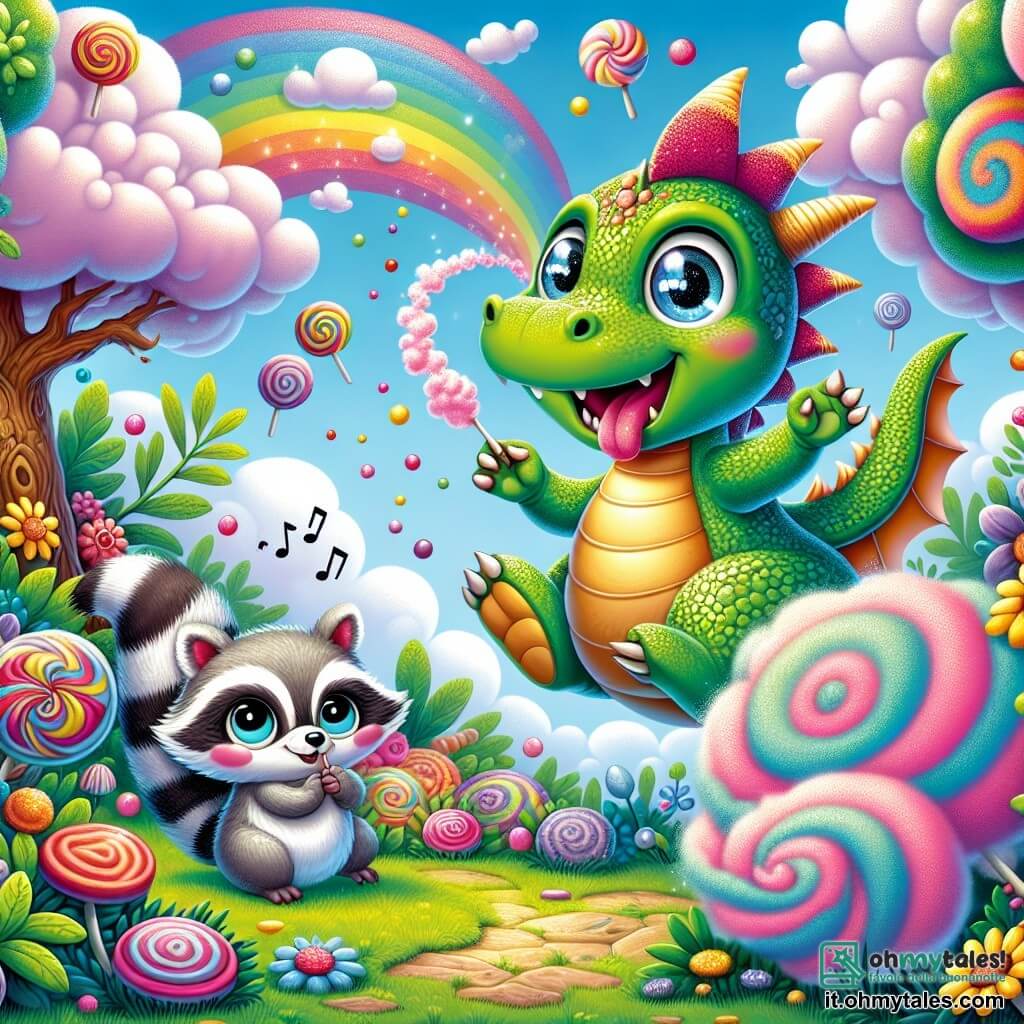 Un piccolo drago di nome Pompierino, con squame verdi scintillanti e occhi pieni di curiosità, salta di gioia in un giardino colorato, circondato da fiori giganti e nuvole di fumo rosa che escono dalla sua bocca. Sorride ampiamente, mostrando il suo entusiasmo per l'avventura. Accanto a lui, il suo amico Pino, un adorabile procione a strisce grigie e bianche, canta melodie mentre si gratta la testa, visibilmente sorpreso. Il giardino è magico, pieno di piante dai colori vivaci, caramelle appese agli alberi e un cielo blu splendente, con nuvole a forma di dolci che fluttuano. La scena cattura il momento in cui Pompierino scopre un antico libro magico, circondato da bolle di fumo colorato, mentre Pino, incuriosito, osserva il libro, pronto per una nuova avventura.