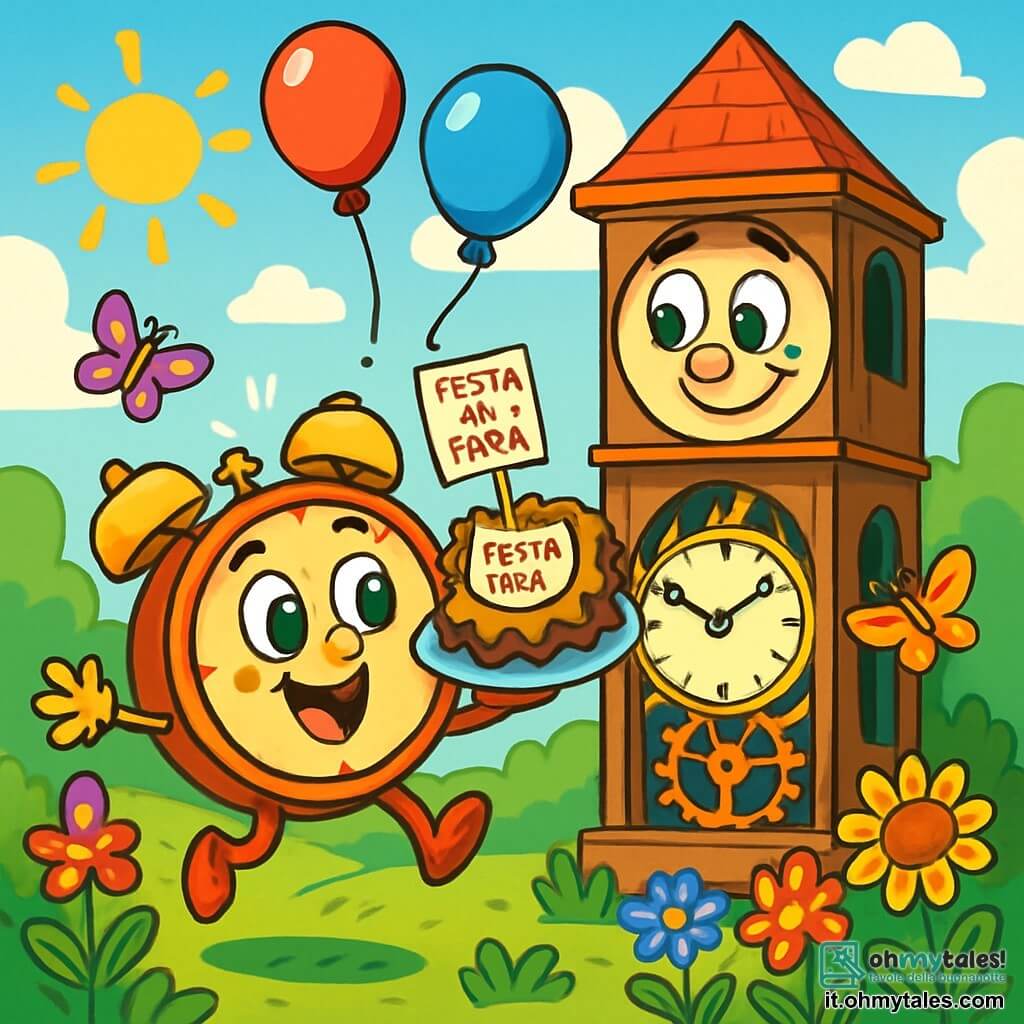Tic, un piccolo orologio sorridente con occhi scintillanti e lancette dorate, sta saltando di gioia in un giardino soleggiato, circondato da fiori vivaci e farfalle colorate. Accanto a lui, il Grande Orologio, un maestoso orologio da torre con un volto benevolo e ingranaggi visibili, guarda con emozione e orgoglio, i suoi occhi brillano di felicità. Il giardino è pieno di verde lussureggiante, con un cielo azzurro chiaro e nuvole soffici, creando un'atmosfera gioiosa e festosa. Tic ha organizzato una sorpresa per la festa del papà e tiene una deliziosa torta a forma di ingranaggio, pronto a condividerla con il suo papà, mentre palloncini colorati fluttuano intorno a loro, aggiungendo all'atmosfera festiva.