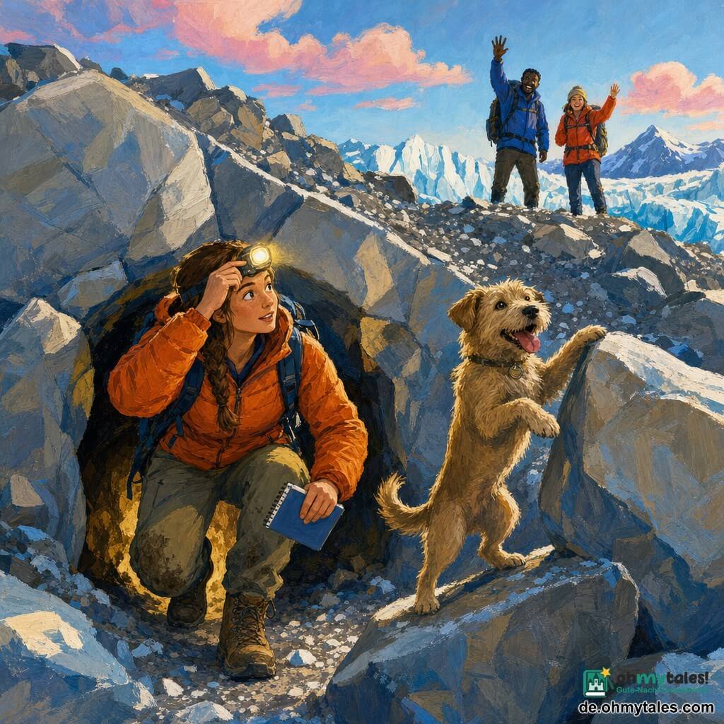 Eine junge Entdeckerin mit braunen Zöpfen, konzentriertem Gesicht und orangener gesteppter Jacke, Kaki-Wanderhose und schlammigen Stiefeln steigt aus einer kleinen Höhle zwischen Felsen, hält mit einer Hand eine Stirnlampe hoch und in der anderen ein Notizbuch; neben ihr ein kleiner mutiger Rüde namens Max mit hellem braunem Fell, heraushängender Zunge und freudigem Blick steht auf den Hinterbeinen auf einem Stein, im Hintergrund zwei Kolleg:innen auf einer Moräne in bunten Anoraks winken vom Gipfel; Ort: karge Gletschersteinhalde mit grauen und beigen Blöcken, feinem Schneestaub, blassblauen Rissen und einem im Sonnenlicht schimmernden Gletscher unter klarem Himmel mit rosa Morgenwolken; Szene des Entdeckungsmoments, warme Lampenbeleuchtung kontrastiert mit kalten Blautönen, Ausdruck von Staunen und Triumph, dynamische Komposition, sichtbare Acrylstruktur mit dicken Pinselstrichen, natürliche Palette mit Orange- und Blautönen.
