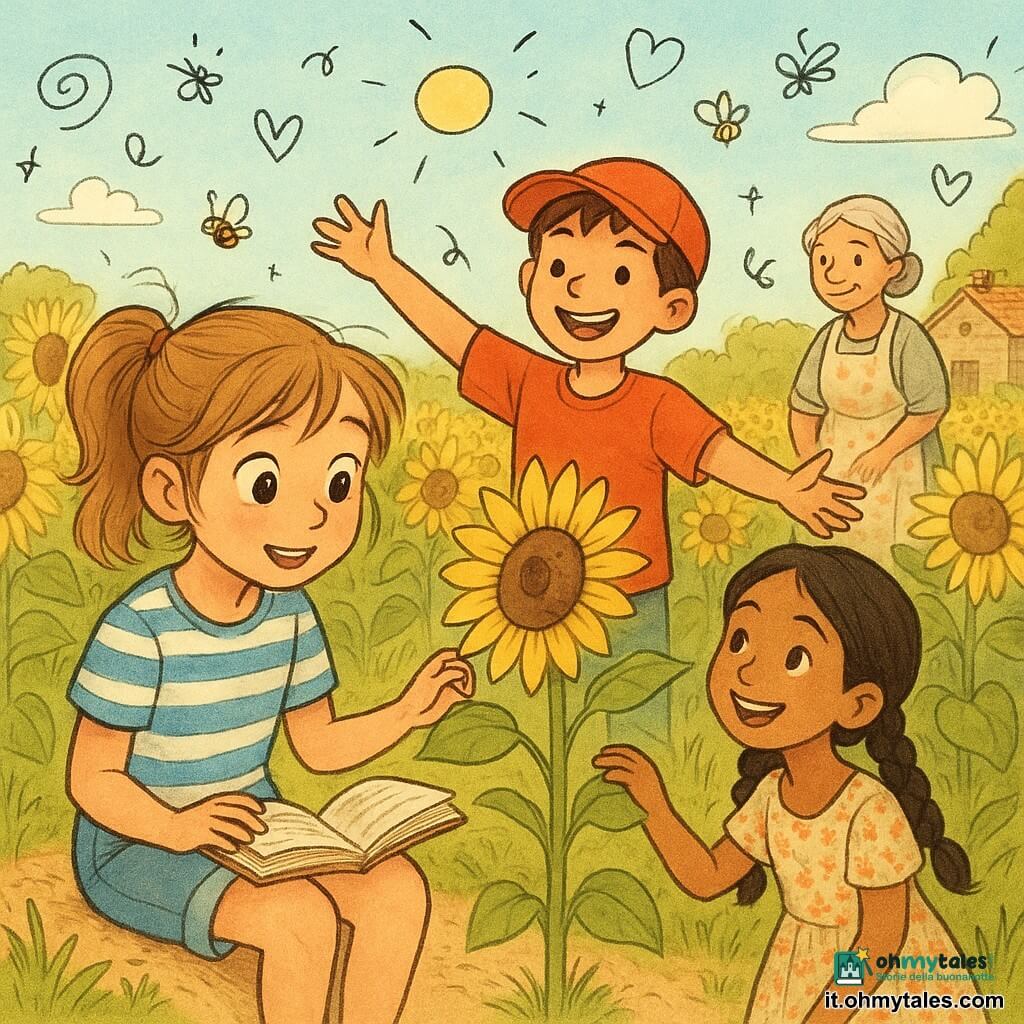 Una bambina di 10 anni emozionata e meravigliata, capelli castano chiaro raccolti in coda leggermente spettinata, occhi grandi e brillanti, con maglietta a righe blu e bianca e shorts di jeans, tiene un piccolo libro aperto sulle ginocchia e sfiora timidamente una grande infiorescenza di girasole; un bambino di circa 10 anni (Nico), allegro, capelli corti castani e berretto rosso, sorride con le braccia aperte come un esploratore, in piedi appena dietro di lei tra i girasoli; una bambina di circa 10 anni (Samira), curiosa, capelli neri trecciati e veste leggera a fiori, ride e sposta una foglia per aprire un passaggio, alla destra della protagonista; la nonna Ada, circa 70 anni, dolce, capelli grigi raccolti, con grembiule a fiori, osserva il campo dal bordo vicino a una piccola casa di pietra; luogo: ampio campo di girasoli dorati, alte piante verdi, cielo azzurro chiaro, sentiero di terra polveroso, qualche farfalla e ape in volo, ombre lunghe e luce calda del tardo pomeriggio; scena: i tre bambini nel passaggio segreto del campo in un momento di scoperta tranquillo e complice, la bambina legge a voce alta mentre il sole accarezza i petali, atmosfera solare con colori caldi e texture di carta e piante visibili.