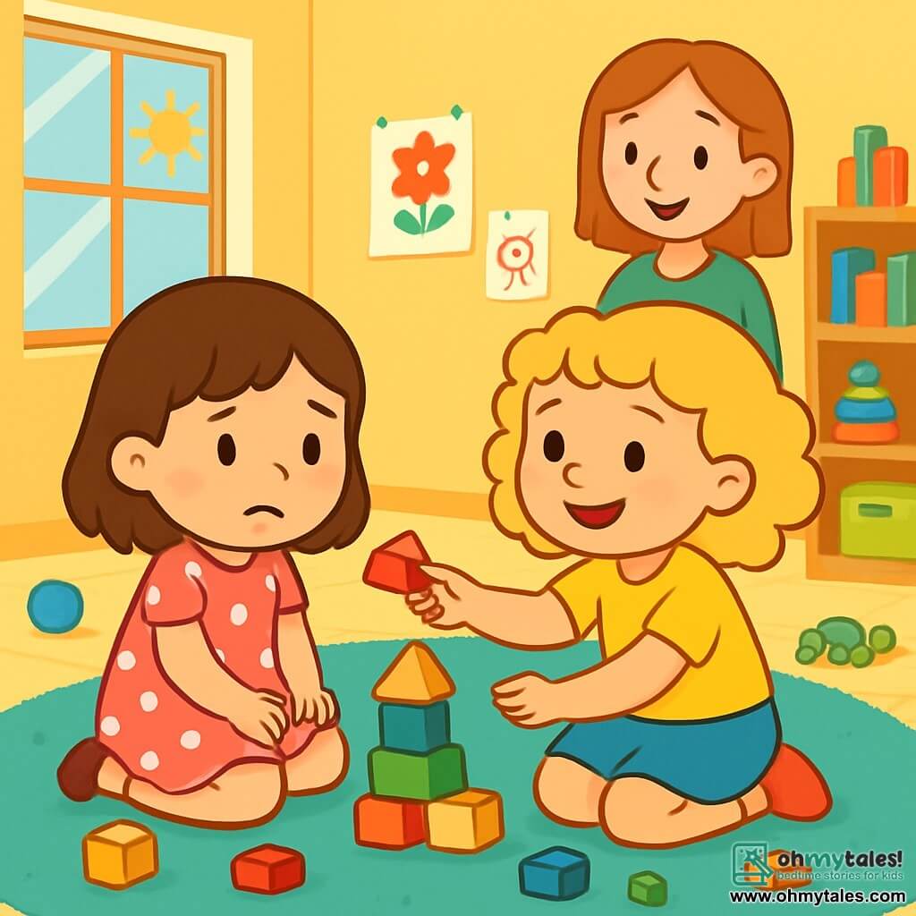 There are 2 main characters: Mia, a 5-year-old girl with brown hair wearing a pink dress with white polka dots, looking worried while holding her mom's hand, and Lily, a 5-year-old girl with curly blonde hair, dressed in a yellow t-shirt and blue skirt, smiling and encouraging Mia. The main setting is a bright and cheerful classroom with yellow walls and sunny windows. Colorful toys are scattered on the floor, and a large fluffy rug is in the center for the children to sit and play. Children's drawings decorate the walls, and shelves are filled with books and games. The main situation shows Mia and Lily sitting on the rug surrounded by colorful building blocks. Mia looks a bit nervous, but Lily smiles and hands her a red block to encourage her to build a tower. The two girls are engaged in their play while a smiling teacher observes them kindly.