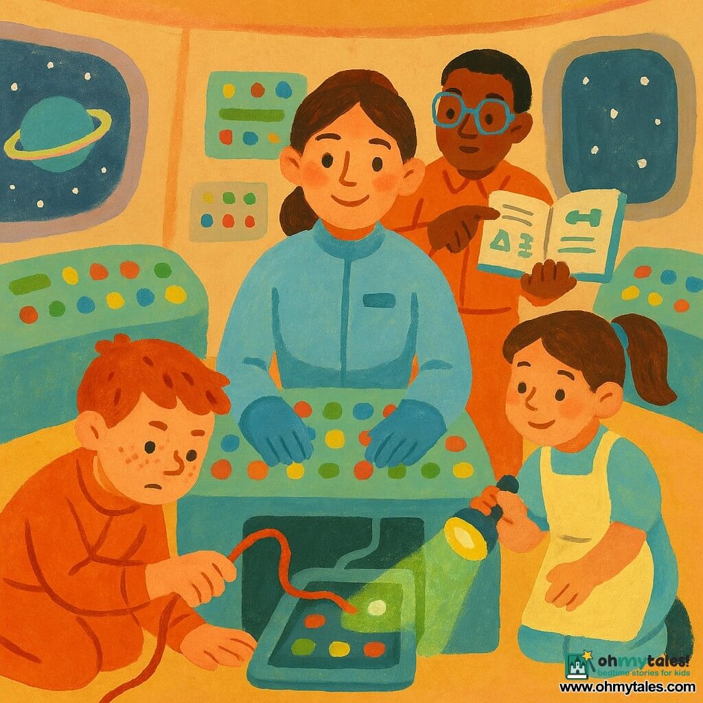 A smiling, serene woman (Captain Mira) with tied brown hair in a slightly glowing light-blue spacesuit has her hands on a large colorful control panel, a focused 12-year-old boy (Ben) with short freckled hair leans left holding a red wire, an 8-year-old girl (Lila) with a ponytail and light apron to the right holds a small yellow lamp illuminating Ben’s work, a dark-skinned 25-year-old man (Kofi) with round glasses stands behind them reading an illustrated manual and pointing at an instruction; inside a warm gouache-style spaceship with rounded consoles, multicolored buttons, oval windows showing a starry sky and neon-ringed planet, pastel floors and walls, the team collaboratively repairs a loose wire as a green light returns to the panel, with precise gestures and shared smiles.