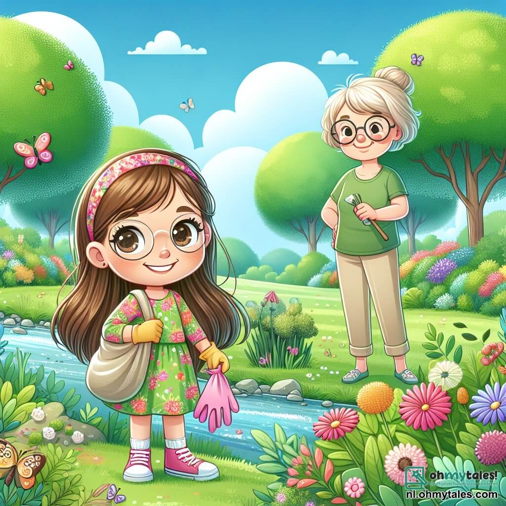 Een klein meisje van 6 jaar, Nina, met lange bruine haren en nieuwsgierige ogen, staat in het midden van een groene park, met een blije glimlach op haar gezicht. Ze draagt een kleurrijke bloemenjurk en houdt een klein stoffen tasje vast vol met handschoenen en vuilniszakken, klaar om de natuur schoon te maken. Naast haar staat de vriendelijke Juf Sanne, een vrouw van rond de dertig met een blonde bun en ronde bril, die glimlacht terwijl ze planten aan de kinderen laat zien. Ze draagt een groene t-shirt en beige broek, en staat iets naar achteren, Nina aanmoedigend. Het park is gevuld met grote bomen met heldere bladeren, kleurrijke bloemen en een helderblauwe lucht met donzige witte wolken. Er is een glinsterend beekje dat door het landschap kronkelt. Nina, vastberaden en enthousiast, raapt afval van de grond, omringd door bloemen en vlinders die om haar heen fladderen, terwijl Juf Sanne het belang van natuurbescherming uitlegt.