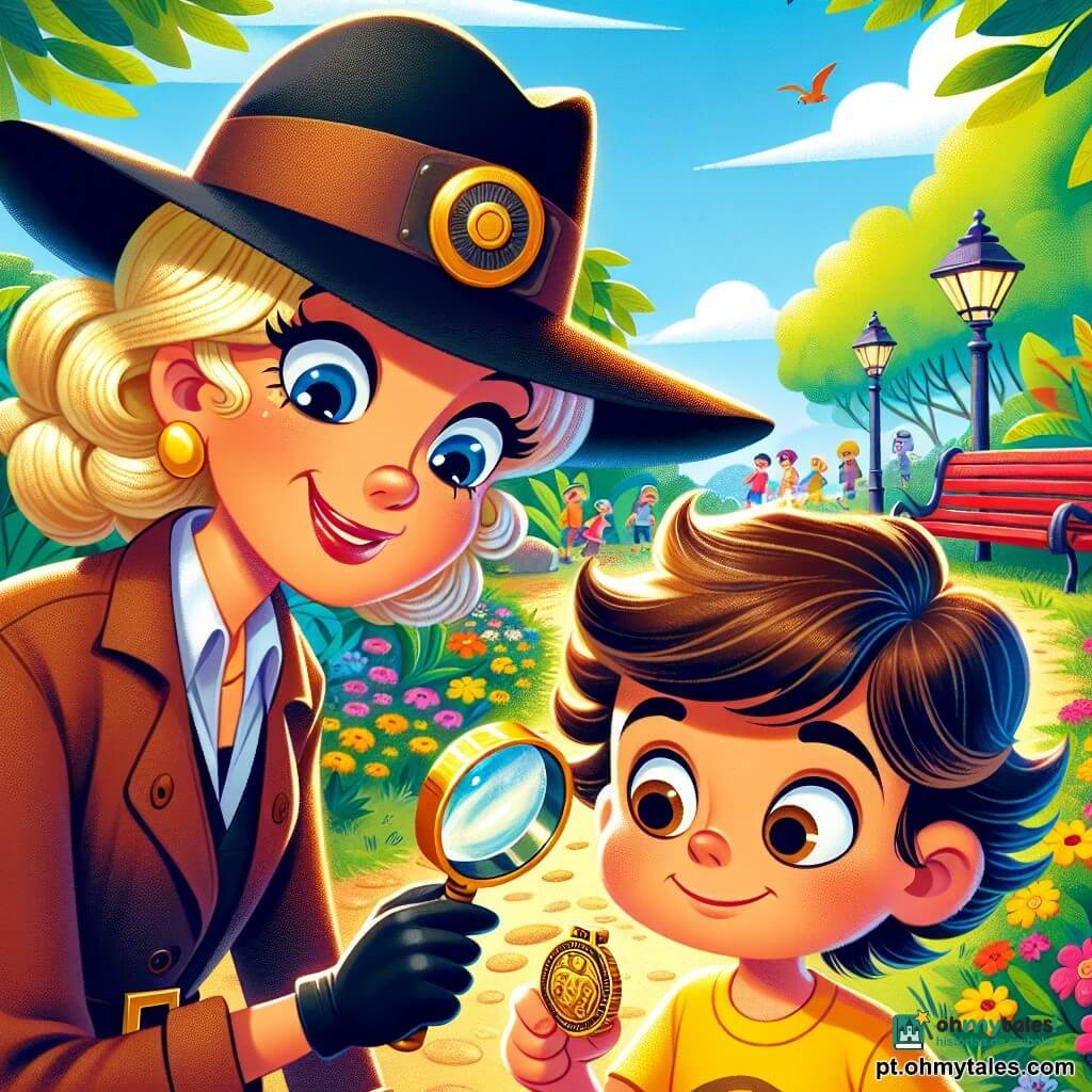 Uma mulher detetive, Dona Rita, está no centro da imagem. Ela usa um chapéu de detetive preto, uma jaqueta marrom e segura uma lupa na mão direita. Seu rosto é expressivo, com olhos brilhantes de curiosidade e um sorriso determinado. Ao lado dela, um garoto de 8 anos, Pedrinho, com cabelos castanhos bagunçados e uma camiseta amarela, olha para a detetive com admiração. Ele segura uma pequena medalha dourada na mão esquerda. A cena acontece em um parque ensolarado, com árvores verdes luxuriantes e um banco vermelho ao fundo. Flores coloridas margeiam o caminho, trazendo alegria ao ambiente. Dona Rita e Pedrinho examinam a medalha brilhante, procurando pistas para resolver um mistério. A atmosfera é cheia de emoção e mistério, com raios de sol filtrando pelas folhas das árvores.