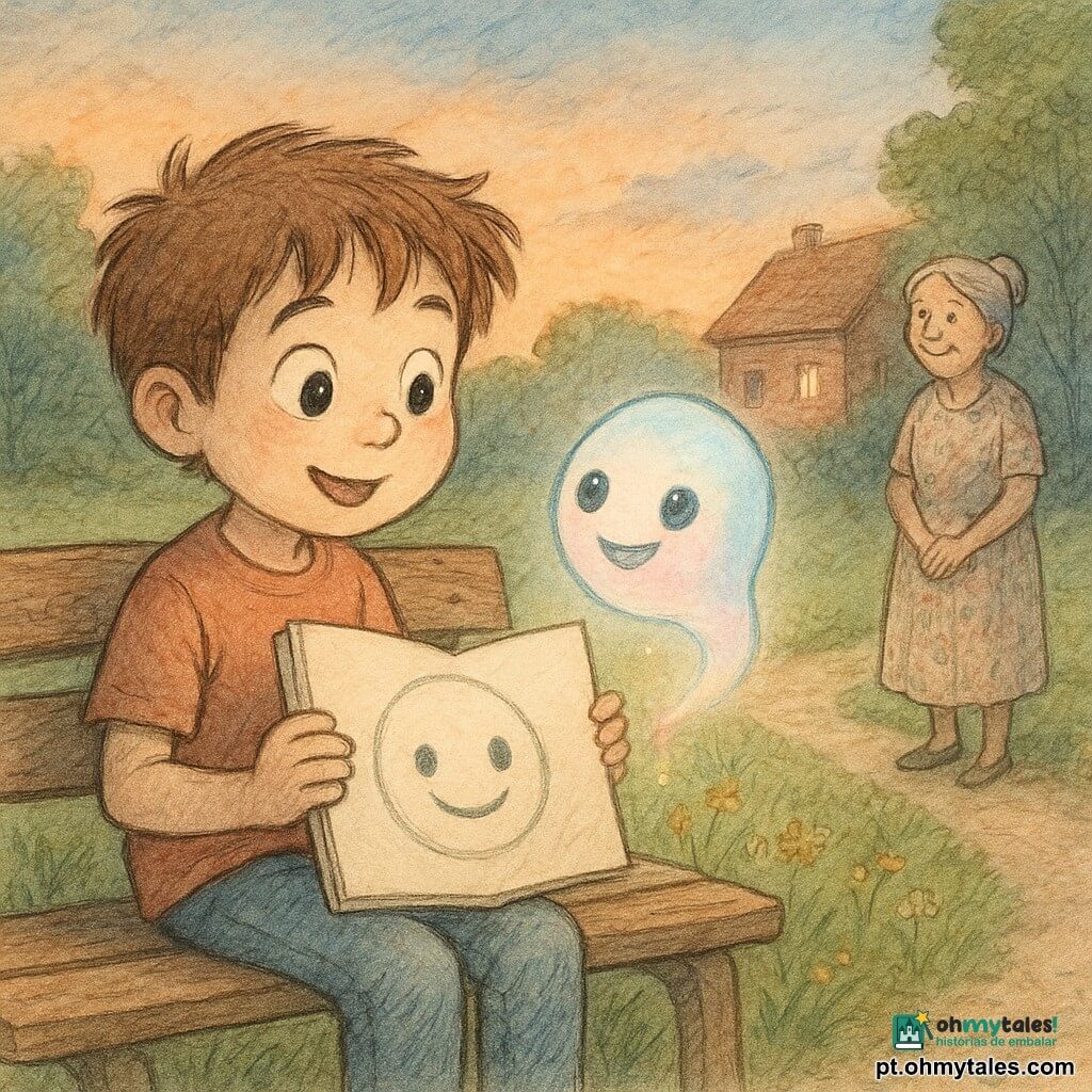 Menino de 8 anos, rosto redondo, cabelo castanho desgrenhado, olhos grandes e curiosos, sentado num banco de parque segurando um grande caderno de desenho aberto que mostra um rosto sorridente; uma pequena criatura extraterrestre luminosa chamada Luma, em forma de bola translúcida com rosto de grandes olhos e largo sorriso, tons pastel (azul pálido e rosa), flutuando à altura das mãos do menino e emitindo um brilho suave; uma mulher idosa (cerca de 60 anos) de cabelo grisalho preso em coque e vestido florido, sorrindo e parada um pouco atrás junto a um caminho de cascalho; cenário: pequeno parque ao crepúsculo com relva verde, flores silvestres, banco de madeira gasto e uma casa de tijolos vermelhos ao fundo com uma luzinha no telhado, céu laranja com nuances de azul; situação: encontro mágico — o menino mostra seu desenho e a criatura surge de uma pequena esfera de luz, troca de olhares cúmplices e atmosfera doce de maravilhamento; estilo visual: traço fino a lápis, entintado delicado, aquarela leve em tons quentes e pastéis, textura de papel visível, composição centrada e iluminação suave vinda da criatura.