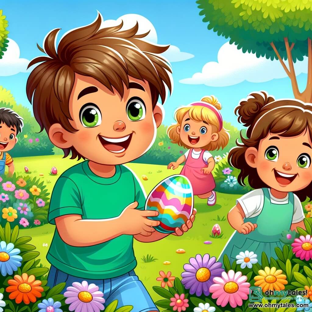 A 6-year-old boy named Oliver, with messy brown hair and a big smile, is playing in a sunny park. He wears a bright green t-shirt and blue shorts, holding a colorful Easter egg in his hand, his eyes sparkling with excitement. Next to him, a 6-year-old girl with curly hair in a pink dress is joyfully searching for more hidden eggs in the grass. In the background, a caring mother, around 30 years old with brown hair in a bun, watches them proudly while holding a newly planted flower pot. The park is filled with colorful flowers, large trees with bright green leaves, and other children playing around, creating a joyful spring atmosphere. The scene captures Oliver and his friends in an egg hunt, filled with laughter and smiles, embodying the magic of spring.