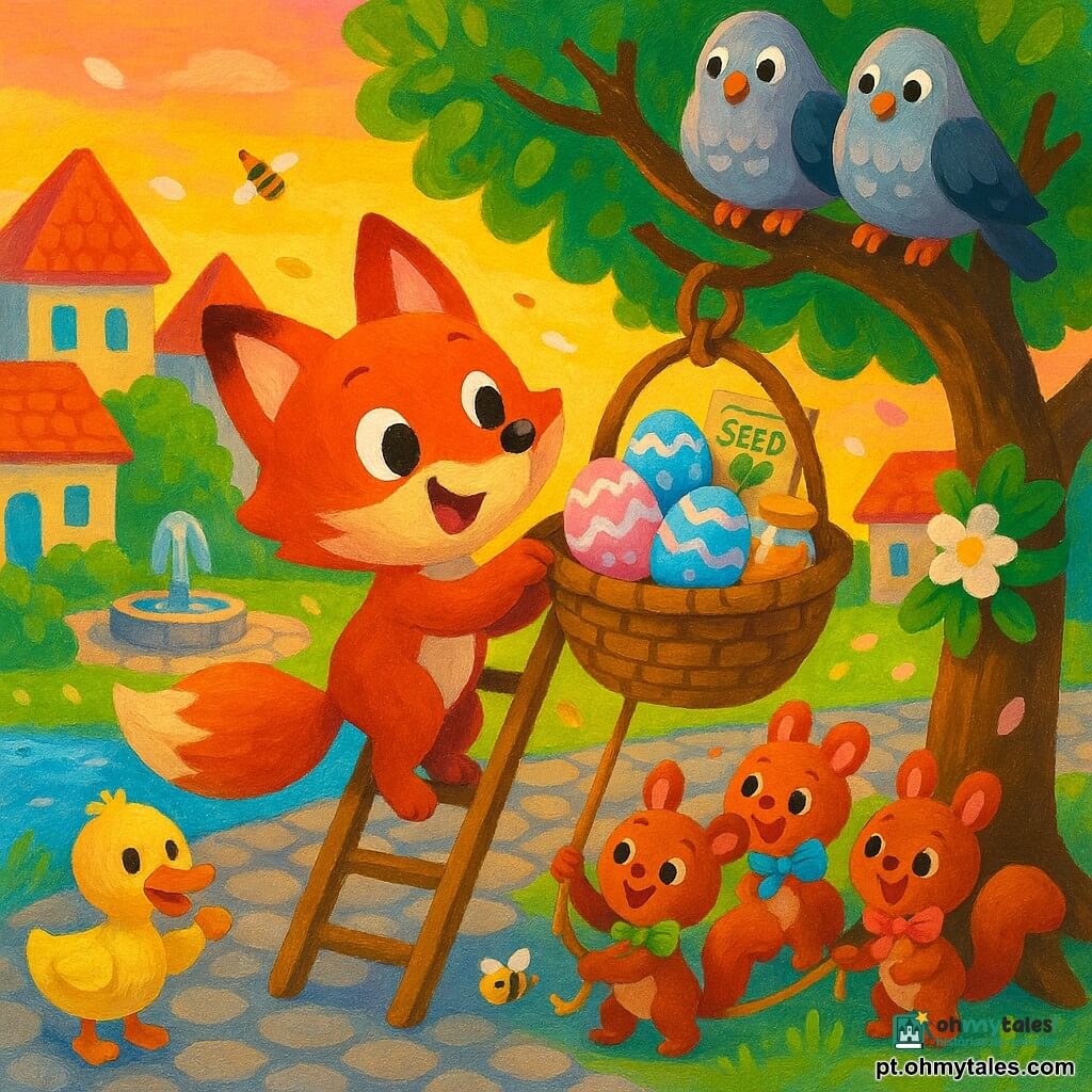Um raposo ruivo chamado Rubi, pelo brilhante cor de folha ao sol, rabo pincel laranja, sorridente e maravilhado, sobe uma pequena escada para pendurar um cesto de vime com ovos pintados (azul, rosa e com nuvens), um frasquinho de mel e um saquinho de sementes; um grupo de esquilos pequenos de olhos vivos com fitas coloridas aplaude e segura a corda do cesto junto à base da árvore à direita, dois pombos rechonchudos de plumagem cinza-perolada empoleirados numa rama acima inclinam a cabeça curiosos, um pato amigável de plumagem amarelo-pálido junto a um ribeiro pedregoso segura uma semente no bico, abelhas minúsculas zumbem em torno de um pote de mel dourado numa raiz; a cena passa na praça da aldeia com calçada de pedras, casas de telhados vermelhos ao fundo, um carvalho pequeno com ramo baixo decorado com flores e fitas verdes, um jorro de água do lavadouro a brilhar e pétalas no ar — momento principal: Rubi pendura o cesto de Páscoa no ramo baixo enquanto os animais se reúnem, luz dourada do crepúsculo, ambiente caloroso e festivo, cores vivas, textura espessa de tinta acrílica visível e traço infantil e acolhedor.
