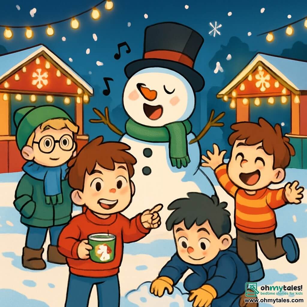 There are four children: Max, a 10-year-old boy with messy brown hair and sparkling eyes, wearing a big red sweater with a snowman and holding a mug of hot chocolate, standing in the center, smiling and pointing at the snowman. Oliver, a 9-year-old boy with blonde hair and round glasses, wearing a blue scarf and a green beanie, is slightly back, gazing at the snowman in awe. Sam, a 10-year-old boy with black hair and a curious smile, wearing a navy coat and yellow gloves, is crouched near the snowman, digging in the snow. Leo, a 9-year-old boy with brown hair and a mischievous face, wearing a striped sweater and snow boots, is next to Max, laughing and raising his arms in the air. The scene takes place in a lively park adorned with twinkling lights. Colorful Christmas market stalls are decorated with snowflakes, and a large smiling snowman stands in the center, joyfully singing. Snowflakes gently fall, creating a magical atmosphere. The main situation shows the children discovering the singing snowman, surrounded by laughter and lights. Max points at the snowman while Sam digs in the snow at his feet, searching for hidden treasure. The children's faces are filled with wonder and joy, capturing the festive spirit of Christmas.