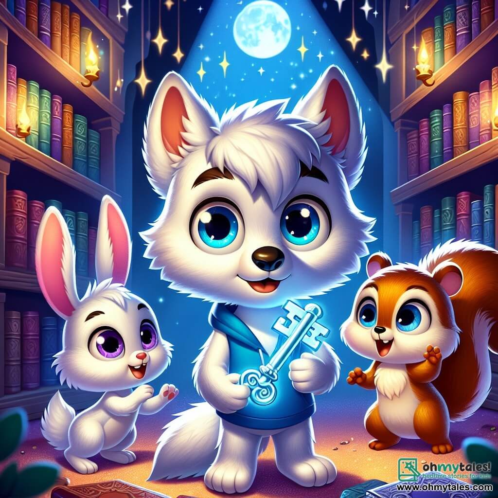 Wally, a small wolf with bright eyes and soft, fluffy fur, stands at the center of the scene, looking curious and excited, holding a sparkling blue key in his little paws. Next to him, Benny the Rabbit, with his large ears and white fur, gazes at the key in wonder, his round eyes filled with joy. Sally the Squirrel, with her bushy tail and reddish fur, jumps for joy, her little paws raised, full of energy and enthusiasm. The scene takes place in a magical library, where moonbeams illuminate shelves filled with ancient books with colorful covers. Sparkling stars hang from the ceiling, and shadows dance around them, creating a mysterious and enchanted atmosphere. The three friends are together discovering the mystery of the blue key, ready to explore a world filled with hidden treasures and thrilling adventures.