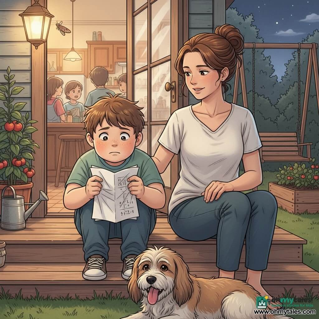 A 12-year-old boy with a round face, light freckles and messy chestnut hair sits on a porch step, timidly holding a crumpled math paper, hunched and anxious then relieved, gripping the paper; his mother in her thirties with brown hair in a loose bun and a gentle, reassuring expression sits beside him, calm and caring with her hand near him but not touching; a medium long-haired shaggy dog lies at the foot of the steps, attentive with its tongue out; through a lit glass door the kitchen is visible with blurred silhouettes; behind them a garden with tomato beds, a slightly rusty metal watering can and a creaky wooden swing sits under a soft night lit by a yellow porch lamp, a small moth circles the bulb; the moment shows the boy finally confessing the truth to his mother with the homework between them, warm light on their faces and close framing to capture the emotion.