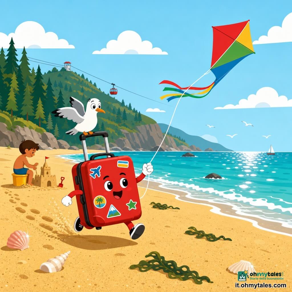 Una piccola valigia antropomorfa rossa sorridente con occhi neri tondi, piccole mani bianche e adesivi colorati tiene la corda di un aquilone e corre sulla spiaggia; un gabbiano bianco e grigio curioso è posato sulla maniglia con la testa inclinata e ali leggermente aperte; sullo sfondo una silhouette di bambino abbronzato è seduta su un secchiello giallo a costruire un castello di sabbia, concentrata; spiaggia ampia e dorata con granelli texture, piccole dune, alghe verde scuro sparse e conchiglie lucenti; mare blu-verde con onde dolci bianche e riflessi argentati, cielo azzurro chiaro con nuvole soffici, pini verdi densi e una teleferica rossa su una collina lontana; situazione principale: la valigia corre sul bagnasciuga lasciando orme, l'aquilone multicolore si eleva in un cielo luminoso, atmosfera estiva gioiosa e leggera.