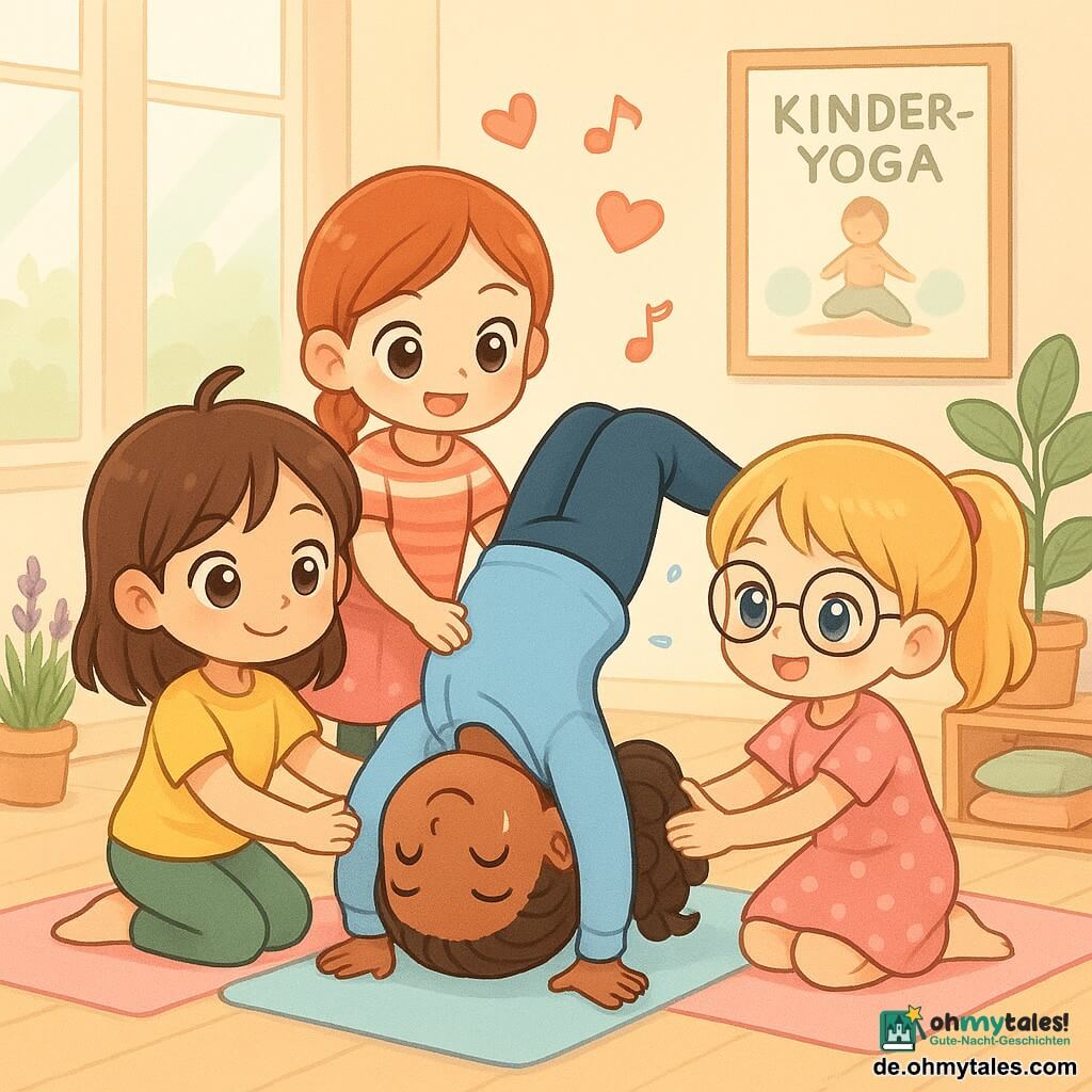 Vier Freundinnen, alle 10 Jahre: Leni (braune mittellange Haare mit widerspenstiger Strähne, haselnussfarbene Augen, gelbes T‑Shirt, grüner Leggings) steht links und stützt mit den Händen den Rücken einer Freundin; Amina (dunklere Haut, enge Zöpfe, hellblauer Sweatshirt) in der Mitte versucht mit angewinkelten Knien einen kleinen Kopfstand; Nora (blonde Pferdeschwanz, runde Brille, rosa gepunktetes Kleid) kniet rechts und hält Amiras Hüften sanft; Pia (rote geflochtene Haare, gestreiftes T‑Shirt) steht hinter Amina, legt eine Hand unter deren Füße zur Stabilisierung und lächelt ermutigend; gemütliches, helles Yoga‑Studio mit hellem Holzboden, großen Fenstern, Topfpflanzen, pastellfarbenen Yogamatten im Bogen, Regal mit Kissen und Poster „Kinder‑Yoga“; warme, vertrauensvolle Atmosphäre, konzentrierte aber beruhigende Mienen, kleine Schweißperlen sowie Herzchen und Noten schweben als Zeichen von Freundschaft und gemeinsamem Mut.