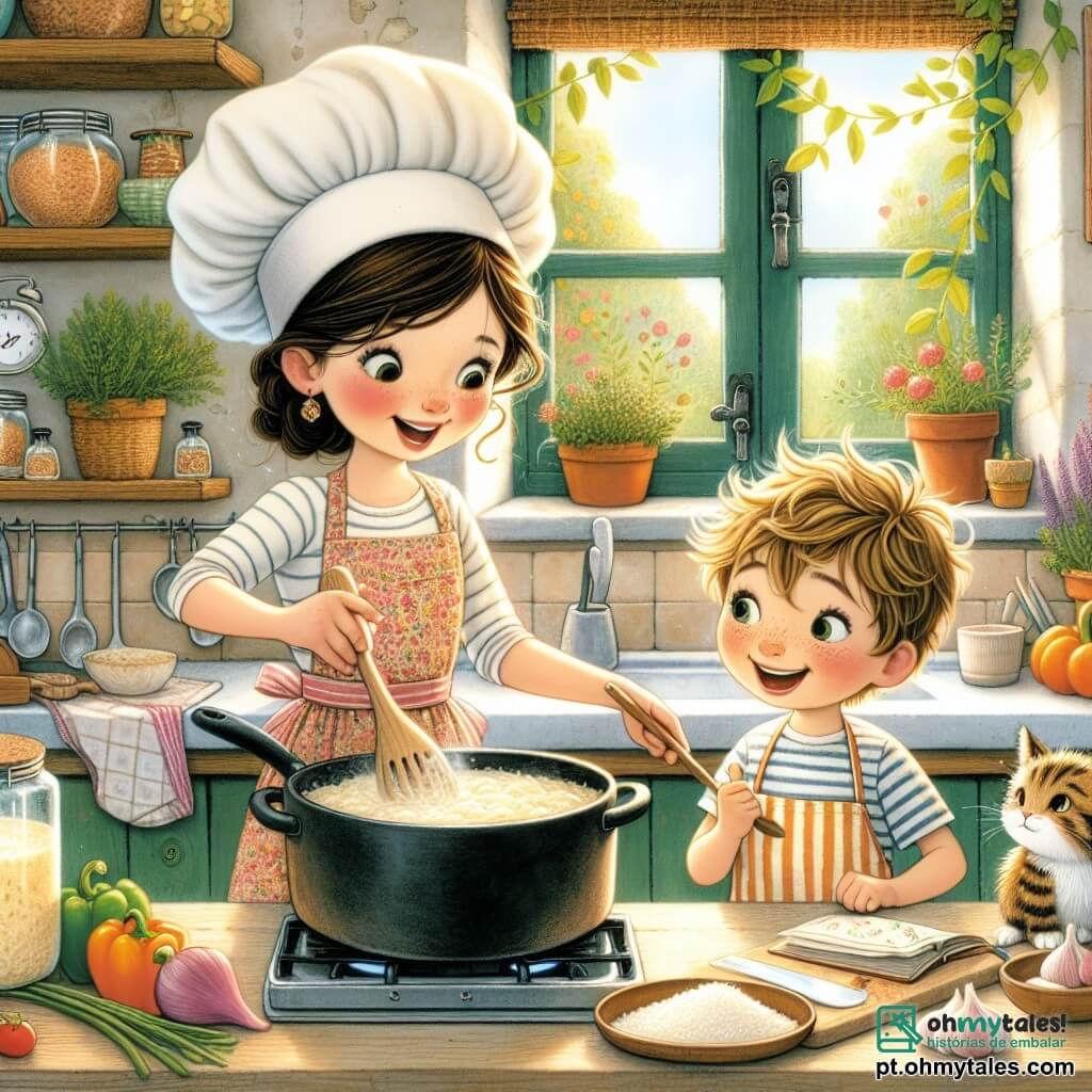 Clara, uma chef entusiasta na casa dos trinta anos, usa um grande chapéu de chef branco e um avental colorido. Com os cabelos castanhos presos em um coque e um sorriso radiante, ela mistura um risoto cremoso em uma grande panela. Ao seu lado, Lucas, um garoto de nove anos com cabelos loiros bagunçados e olhos brilhantes, observa com admiração. Ele segura uma colher de madeira, pronto para ajudar, e usa um pequeno avental listrado. A cena acontece em uma cozinha acolhedora e iluminada, com luz natural entrando pela janela. Ervas frescas e vegetais coloridos estão dispostos na bancada de madeira, enquanto um gato curioso, Pesto, se esgueira entre as pernas de Clara, atraído pelo aroma delicioso do risoto. Clara e Lucas estão preparando um prato especial para o Festival Gastronômico, compartilhando um momento de cumplicidade e alegria, cercados pela agitação da cozinha.