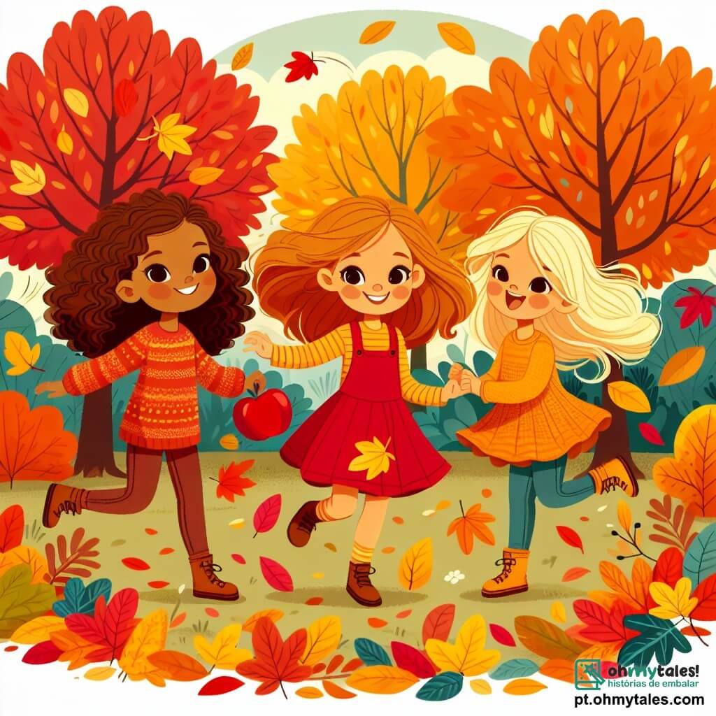 Três meninas, Ana (8 anos, cabelos castanhos e cacheados, vestindo um vestido vermelho), Bia (7 anos, cabelos loiros e lisos, usando um suéter amarelo) e Clara (6 anos, cabelos castanhos e ondulados, vestida com uma saia laranja), estão em um jardim de outono. Ana está à esquerda, sorrindo, segurando uma grande maçã vermelha nas mãos. Bia está no centro, rindo, com folhas coloridas ao seu redor. Clara está à direita, recolhendo folhas douradas, com os olhos brilhando de alegria. O jardim está cheio de árvores magníficas com folhas vibrantes, variando do vermelho intenso ao laranja brilhante, com um céu azul claro ao fundo. O chão está coberto de folhas caídas, criando um tapete colorido. As meninas se divertem pulando nas folhas, rindo e brincando juntas, enquanto uma leve brisa de outono faz as folhas dançarem ao redor delas.