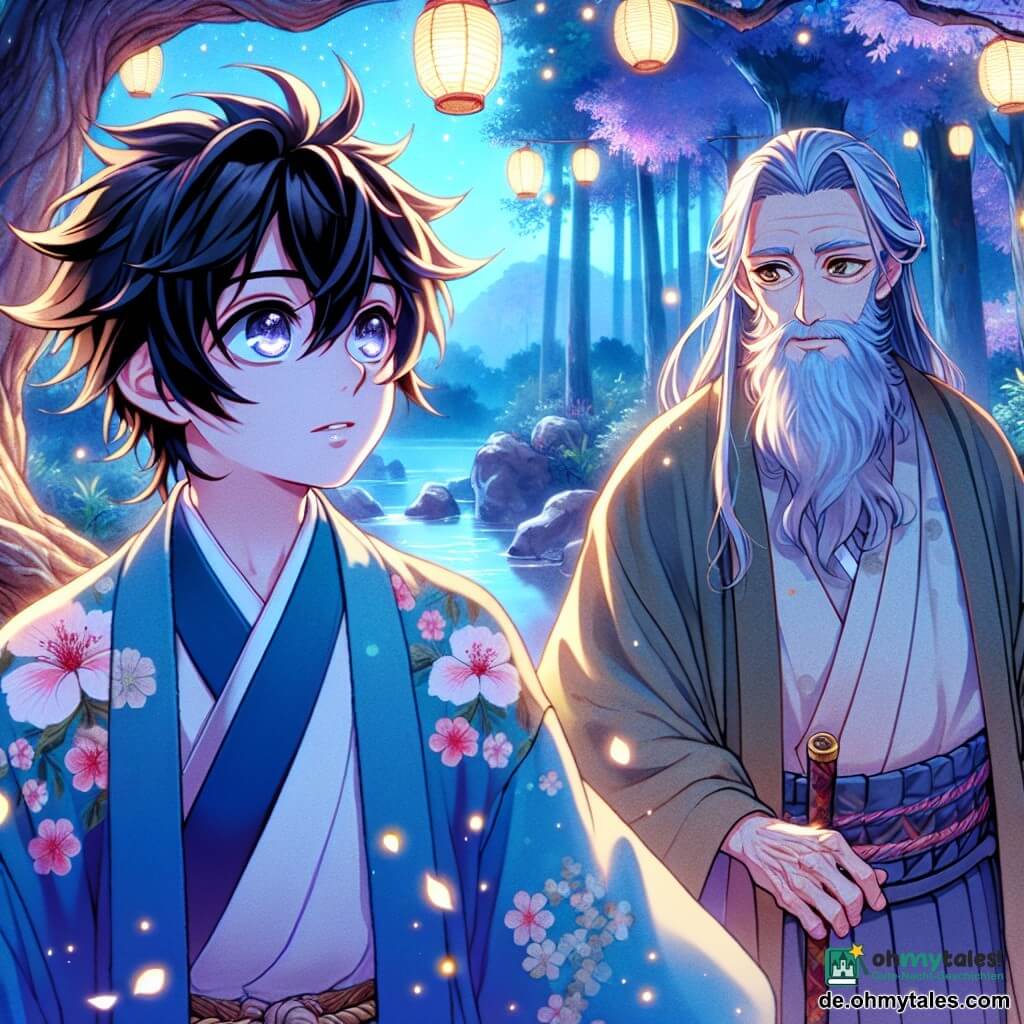 Haruto, ein junger Mann von etwa 20 Jahren, hat zerzauste schwarze Haare und Augen, die vor Entschlossenheit funkeln. Er trägt einen traditionellen blauen Kimono mit Mustern von blühenden Kirschbäumen, und sein Gesicht zeigt tiefe Konzentration, während er vor einem majestätischen Baum, dem "Baum der Erinnerungen", steht. Neben ihm steht Kazuki, ein weiser alter Mann von etwa 70 Jahren, mit einem langen weißen Bart und leuchtenden Augen voller Weisheit. Er trägt einen schlichten Kimono und beobachtet Haruto mit einem wohlwollenden Lächeln, leicht im Hintergrund. Der Ort ist eine verzauberte Lichtung im Herzen eines dichten Waldes, getaucht in das sanfte Licht der Dämmerung, wo die Blätter der Bäume wie Sterne funkeln. Papierlaternen schweben sanft in der Luft und verleihen der Atmosphäre einen Hauch von Magie. Die Hauptsituation zeigt Haruto, der aufmerksam Kazukis Geschichten lauscht, während eine sanfte Brise die Kirschblütenblätter um sie herum tanzen lässt, was die Verbindung zwischen Vergangenheit und Gegenwart symbolisiert.