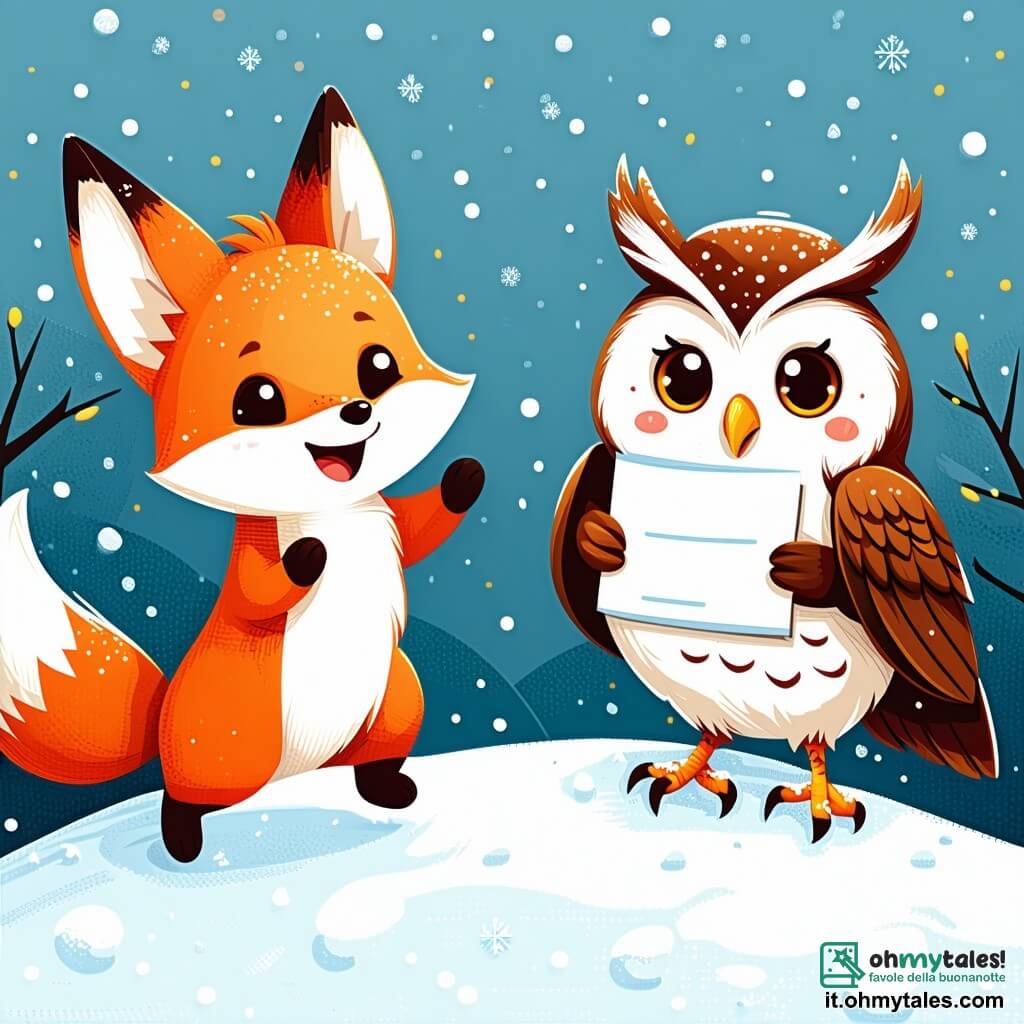 Rocco, un piccolo volpe dai vivaci peli arancioni e dagli occhi grandi scintillanti di gioia, salta felice sulla cima di una collina innevata, circondato da decorazioni colorate per il Capodanno. Accanto a lui, Gino, un saggio gufo dalle piume marroni e dagli occhi rotondi, osserva sorridendo, tenendo un piccolo rotolo di carta tra le zampe, pronto a scrivere il suo desiderio. Carla, un'adorabile coniglietta bianca con grandi orecchie, disegna stelle scintillanti nella neve, il suo viso radioso di eccitazione. Bobo, un orso bruno robusto, rimane un po' indietro, ridendo di cuore con un grande barattolo di miele in mano, pronto a condividerlo con i suoi amici. La scena si svolge in una foresta magica, con alberi coperti di neve brillante e ghirlande di luci colorate appese tra i rami. Il cielo è di un blu profondo, punteggiato di stelle scintillanti, e una dolce luce di luna illumina il paesaggio. Rocco e i suoi amici si preparano a festeggiare il Capodanno scrivendo i loro desideri su pezzi di carta, circondati da risate e gioia, pronti a rendere questa festa un momento indimenticabile.
