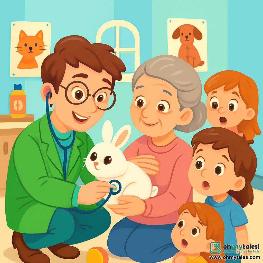Dr. Ben is a man in his thirties with messy brown hair and round glasses. He wears a bright green lab coat and a stethoscope around his neck, displaying a warm and reassuring smile. He is crouched down, gently holding a small white rabbit named Marshmallow, who has bright eyes and fluffy fur. Next to him, Mrs. Green, a woman in her fifties with gray hair in a bun, wears a soft pink sweater. She looks at Dr. Ben with gratitude, tenderly holding Marshmallow in her arms. The setting is a bright and welcoming veterinary clinic with pastel blue walls, colorful animal posters, and scattered pet toys on the floor. The main scene shows Dr. Ben carefully examining Marshmallow, listening to its heart with his stethoscope, while children Emma, Jack, and Mia stand around them, amazed and curious, with expressions of excitement and concern.