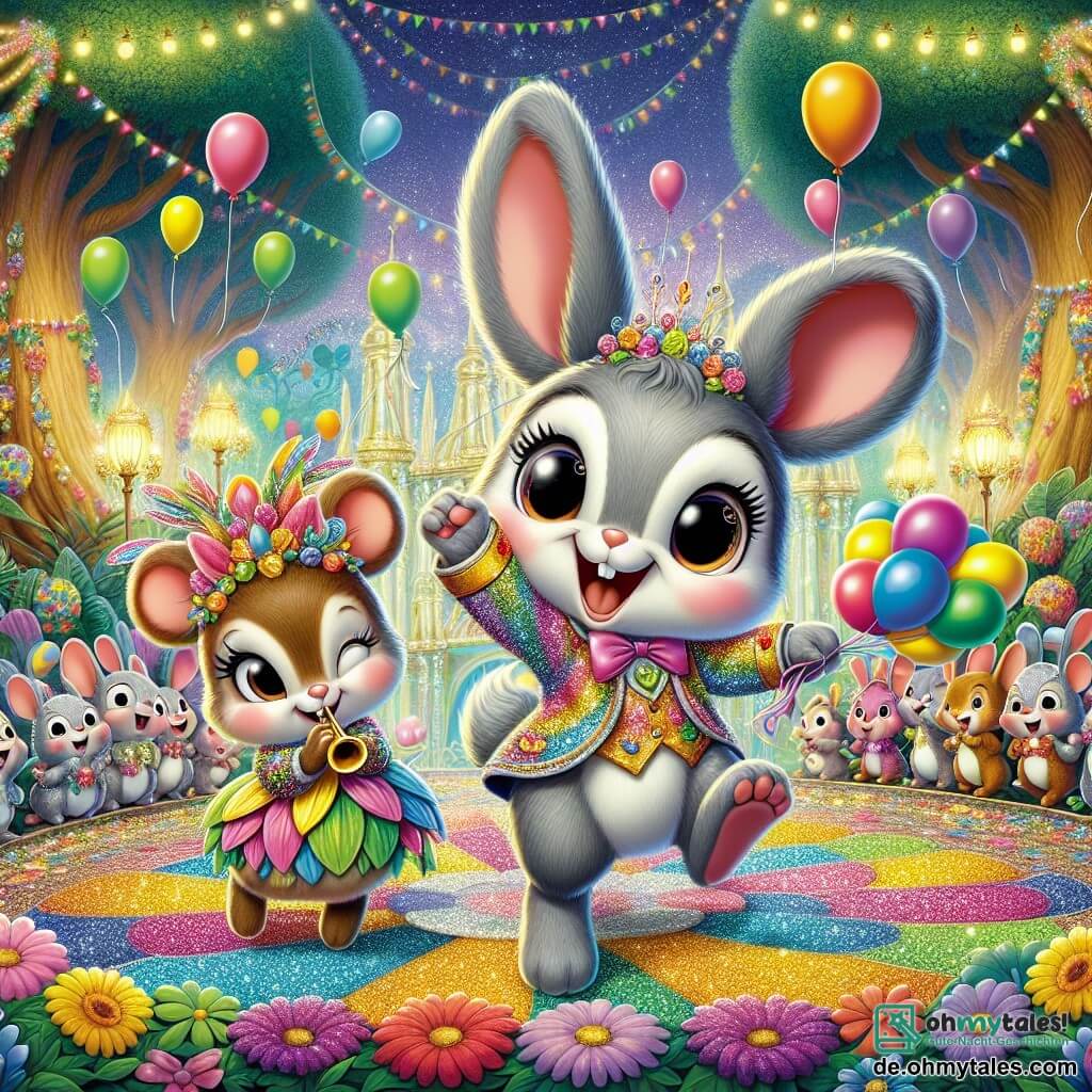 Hopsi, ein niedlicher kleiner grauer Hase mit großen leuchtenden Augen und langen Ohren, springt voller Freude in der Mitte des Bildes in einem bunten Kostüm, das mit Glitzer und Ballons geschmückt ist. Er hat ein breites Lächeln und strahlt vor Aufregung für den Karneval. Neben ihm spielt Mimmi, eine schlaue kleine Maus mit braunem Fell und einem hübschen Kleid aus bunten Blättern, Trompete, ihr Gesicht erleuchtet von Freude und Begeisterung. Die Szenerie ist ein magischer Garten, gefüllt mit leuchtenden Blumen, Papiergirlanden und schwebenden Ballons. Majestätische Bäume, geschmückt mit funkelnden Lichtern, stehen im Hintergrund, während ein großer Teppich aus bunten Blumen sich unter ihren Pfoten erstreckt. Die Szene zeigt den Moment, in dem Hopsi und Mimmi sich auf den großen Karnevalsumzug vorbereiten, umgeben von anderen fröhlichen Tieren, die bereit sind, gemeinsam in einer festlichen und bunten Atmosphäre zu feiern.