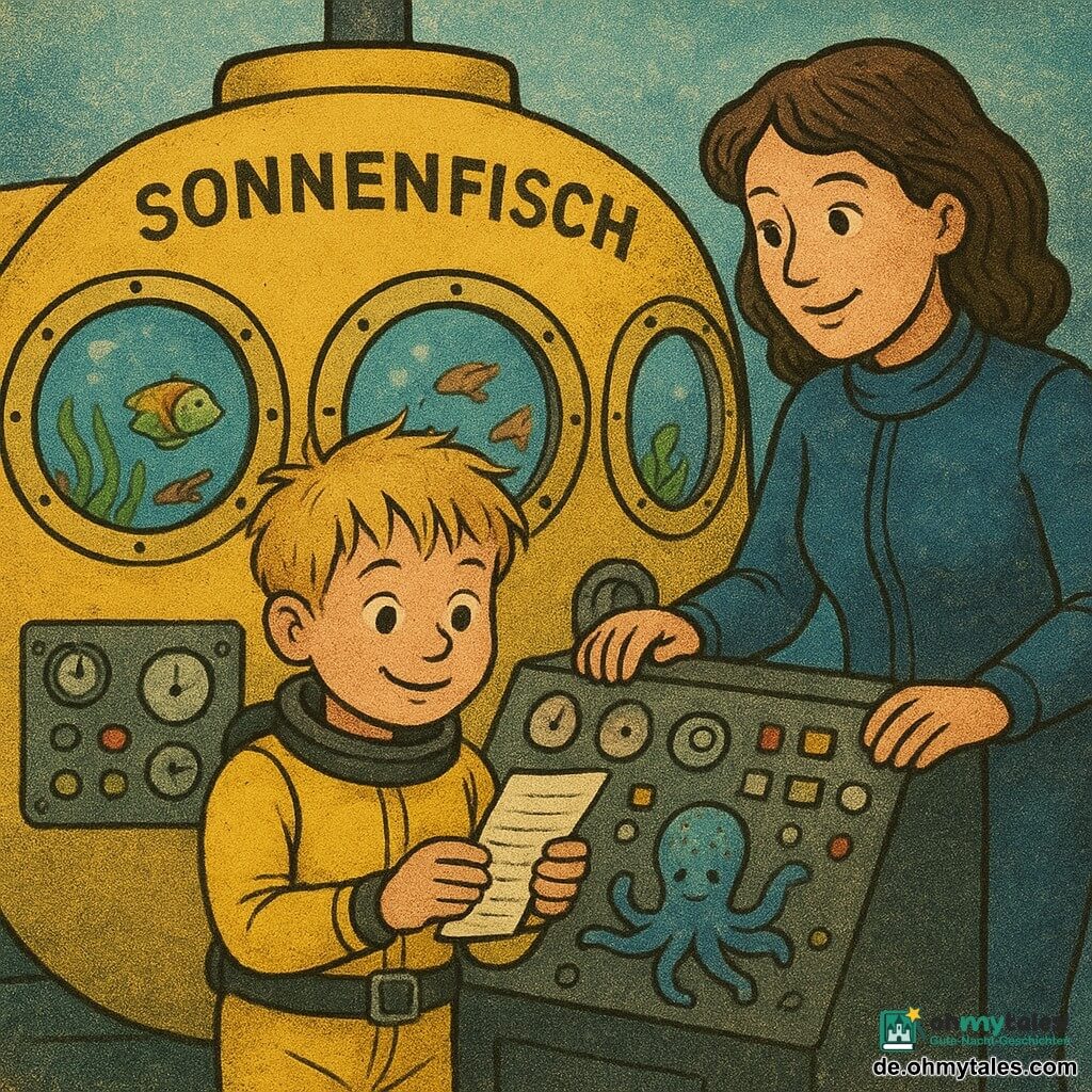 Ein 6-jähriger Junge, Jona, mit zerzaustem blondem Haar und neugierigen Augen, trägt einen leuchtend gelben Taucheranzug. Er ist konzentriert und lächelt, während er eine Liste in der Hand hält. Neben ihm steht Tante Mara, eine 35-jährige Frau, in einem blauen Taucheranzug mit einem freundlichen Gesichtsausdruck. Sie befindet sich in der Nähe des Steuerpults des U-Boots. Das U-Boot, "Sonnenfisch" genannt, ist klein und gelb, mit runden, leuchtenden Bullaugen. Draußen sieht man durch die Bullaugen eine lebendige Unterwasserlandschaft: schwingende Algen, bunte Fische und einen kleinen blauen Tintenfisch mit Punkten, der mit seinen Tentakeln grüßt. Die Szene spielt sich in einer Ecke des U-Boots ab, wo Jona und Tante Mara die Instrumente überprüfen, umgeben vom sanften blauen Licht des Ozeans.