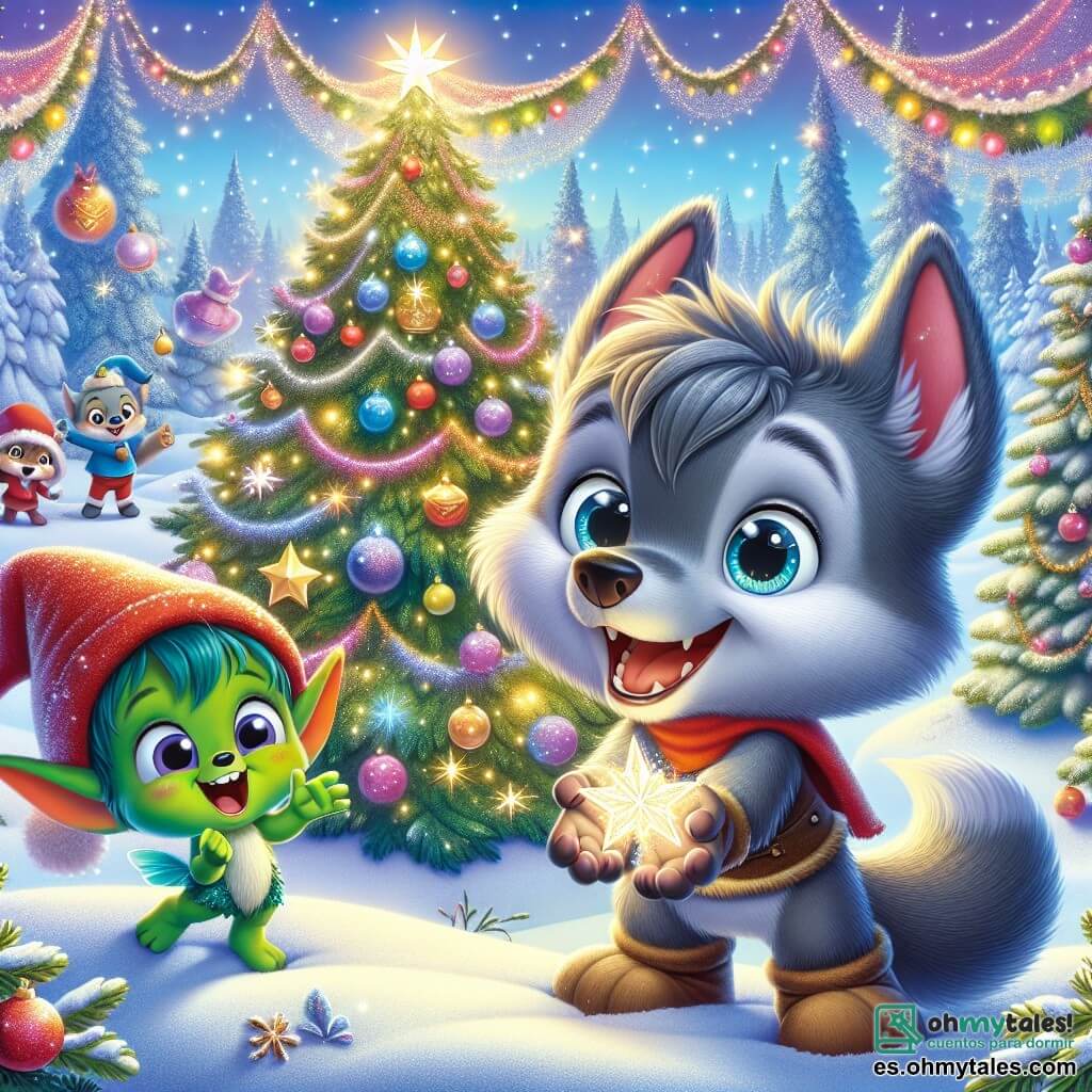 Un pequeño lobo llamado Lucas, con pelaje gris y ojos brillantes de curiosidad, se encuentra en el centro de la escena, sonriendo con asombro mientras sostiene una estrella brillante entre sus patas. A su lado, un duendecillo llamado Nilo, con piel verde y un sombrero rojo puntiagudo, salta de alegría, sus ojos chispeando de emoción mientras aplaude a Lucas. Al fondo, un gran árbol de Navidad brillante, decorado con guirnaldas coloridas y bolas brillantes, ilumina el paisaje nevado. La escena tiene lugar en el mágico Bosque Navideño, donde la nieve cae suavemente, cubriendo el suelo con un manto blanco resplandeciente, y pequeños duendes se afanan alrededor, creando una atmósfera festiva y alegre. Lucas y Nilo celebran juntos el descubrimiento de la estrella de Navidad, símbolo de magia y amistad, en un momento de pura felicidad.