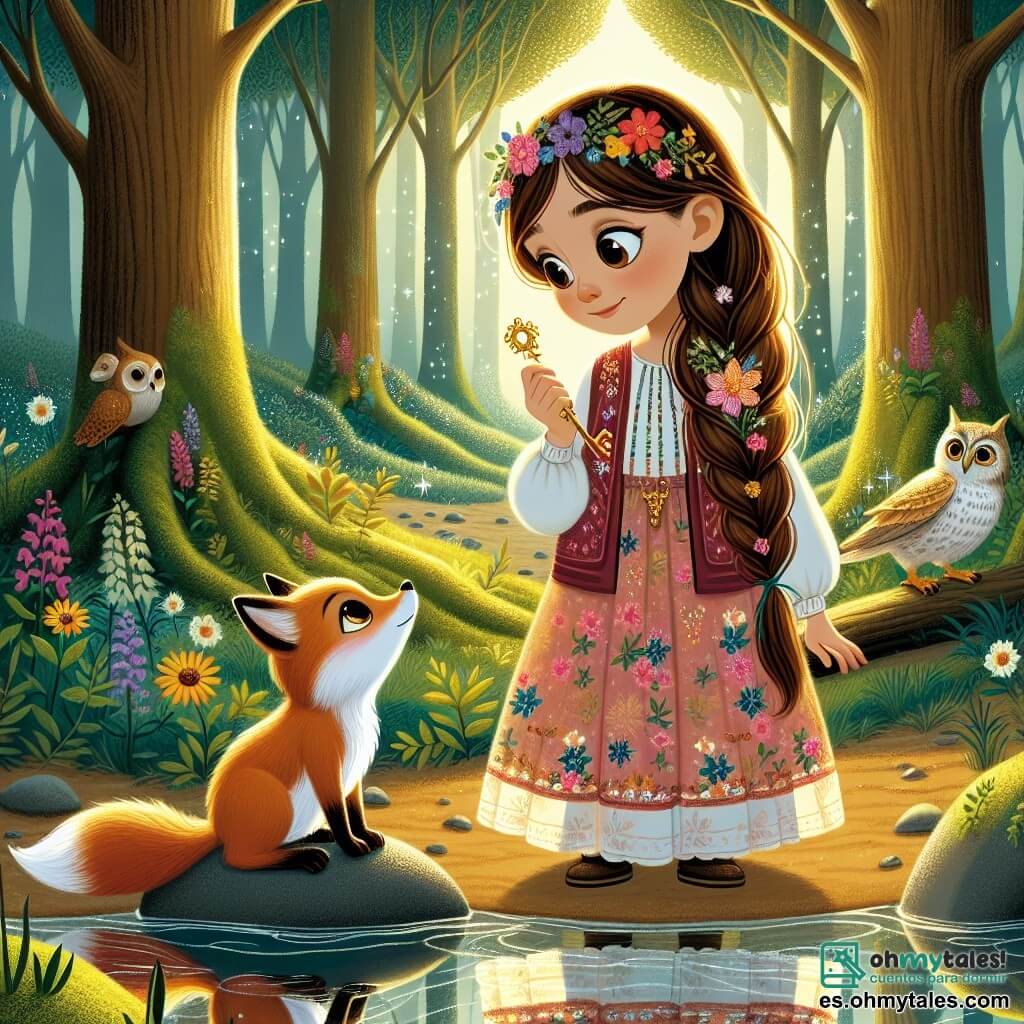 Una niña de 9 años, llamada Ana, se encuentra al borde de un arroyo brillante, con los ojos llenos de curiosidad. Tiene el cabello largo y trenzado con flores de colores, y lleva un vestido ligero con motivos florales. Ana contempla su reflejo en el agua, sosteniendo una llave dorada en su mano, símbolo de su aventura. A su lado, un pequeño zorro de pelaje dorado la observa con una sonrisa. En el fondo, un viejo búho de plumas blancas, posado en una rama baja, observa la escena con sabiduría. El lugar es un bosque encantado, con árboles majestuosos y hojas que bailan al viento. Rayos de sol filtran a través del follaje, creando patrones luminosos sobre el suelo cubierto de flores silvestres y musgo. Ana, maravillada, reflexiona sobre el significado de la llave, mientras el zorro la anima a descubrir los misterios de la libertad y la justicia, creando una atmósfera mágica y filosófica.