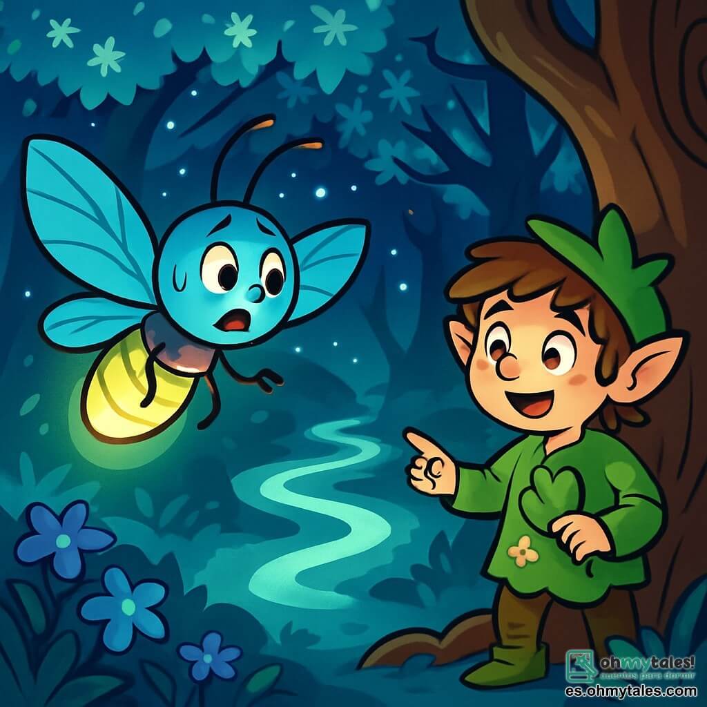 Brillín, una luciérnaga de alas delicadas y brillantes de color azul vivo, vuela con determinación, sus ojos chispeantes de emoción y preocupación. Emite una suave luz que ilumina su camino en la noche estrellada. Musgo, un pequeño duende de rostro jovial y cabello desordenado, se encuentra cerca de un gran árbol, con aire preocupado, sus pequeñas manos apretadas alrededor de una hoja. Lleva una túnica verde adornada con flores, y sus ojos brillan de esperanza mientras mira a Brillín. El lugar es el Bosque Espectral, un sitio encantador con árboles majestuosos de troncos torcidos, cuyas hojas brillan como estrellas. Flores luminosas cubren el suelo y una suave bruma flota en el aire, creando una atmósfera mágica. La situación principal muestra a Brillín lanzándose hacia el Laberinto de Raíces, decidida a encontrar la Gema Luminosa, mientras Musgo la anima, señalando el camino misterioso que se extiende ante ellos.