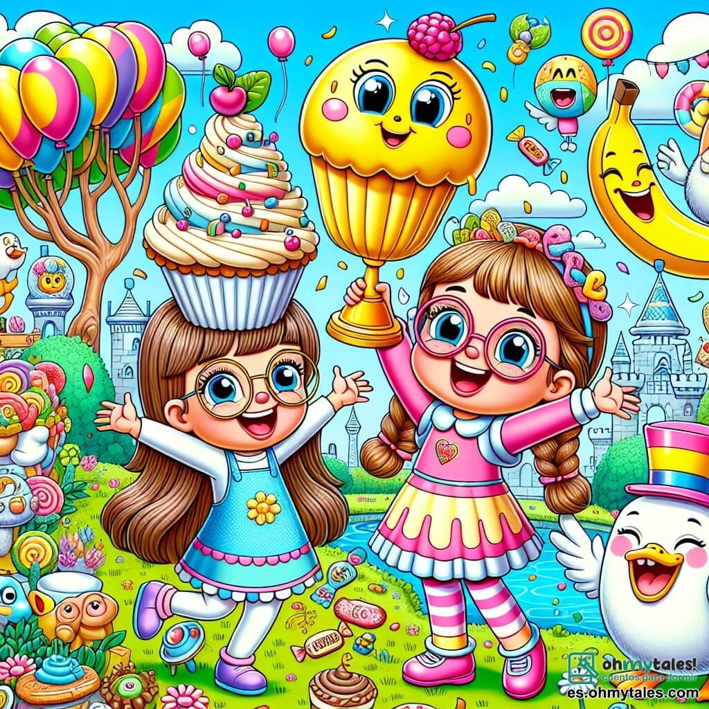 Clara, una niña de 8 años con largos cabellos castaños y gafas redondas, se encuentra en el centro de la imagen, riendo a carcajadas con un cupcake gigante en la mano. A su derecha, Sofía, una niña de 7 años con trenzas rubias, sonríe sosteniendo un gran plátano sonriente, el trofeo que han ganado. Al fondo, el País de las Risas es un lugar mágico, lleno de árboles con hojas en forma de globos coloridos y flores que parecen reír, con nubes en forma de caramelos flotando en un cielo azul brillante. La escena muestra a Clara y Sofía en plena competencia de comida, rodeadas de animales divertidos, como un pato disfrazado de mago y una tortuga risueña, mientras intentan comer la mayor cantidad de golosinas posible, creando una atmósfera alegre y lúdica.
