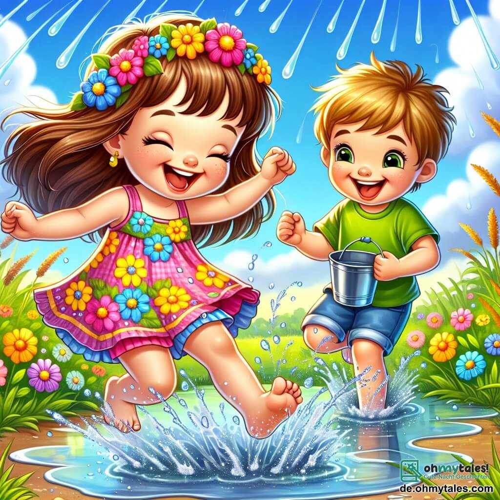 Ein 6-jähriges Mädchen, Lina, mit langen braunen Haaren und strahlenden Augen, trägt ein buntes Blumenkleid. Sie springt in eine große Wasserpfütze und spritzt glitzernde Tropfen um sich herum, mit einem breiten Lächeln im Gesicht. Neben ihr steht ihr Freund Ben, ebenfalls 6 Jahre alt, mit zerzausten blonden Haaren und einem grünen T-Shirt. Er lacht und versucht, den Spritzern auszuweichen, während er einen kleinen Eimer hält. Der Ort ist ein grüner Garten nach dem Regen, mit glänzendem Gras und bunten Blumen, die sanft im Wind wiegen. Weiße Wolken schweben am hellblauen Himmel, und Regentropfen funkeln auf den Blättern. Die Hauptsituation zeigt Lina und Ben, die zusammen Spaß haben, lachen und in den Wasserpfützen spielen, während sie einen sonnigen Tag nach einem Regenschauer genießen, voller Freude und Abenteuer.
