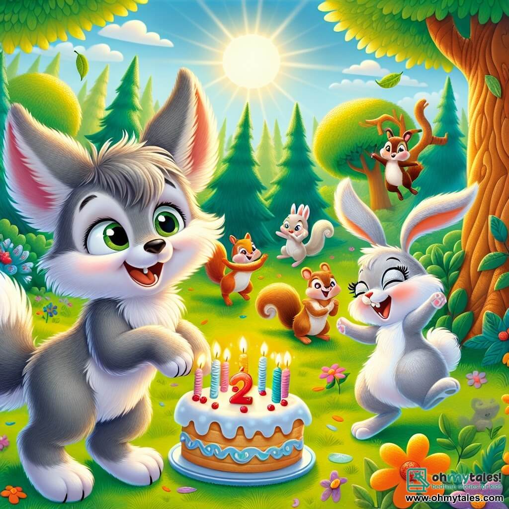 Little Wolf, a young gray wolf with soft fur and sparkling joyful eyes, dances happily in a sunny clearing, a big smile on his face. Next to him, Rabbit, an adorable white rabbit with large ears, holds a colorful cake with candles, displaying an enthusiastic and joyful expression. Mischievous squirrels with bright eyes and red fur dance around them, laughing and having fun, adding a touch of cheer to the scene. The clearing is surrounded by majestic trees with vibrant green leaves, and colorful flowers dot the ground, creating a festive and magical atmosphere. Little Wolf is celebrating his birthday with friends, sharing the cake and dancing under the sun, surrounded by laughter and joy.