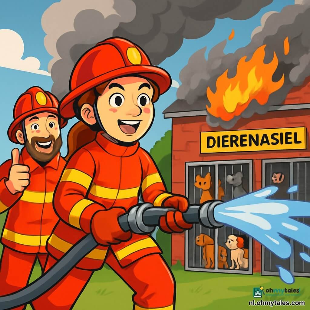 Een jonge brandweervrouw, Nina, ongeveer 25 jaar oud, draagt een felrode uniform dat onder de zon glanst. Haar gezicht is vastberaden en moedig, met sprankelende ogen van opwinding. Ze houdt een brandhos vast, klaar om te handelen, en staat voor een brandend gebouw, omgeven door grijze rook. Naast haar staat Bram, een man van in de veertig met een bruine baard en een geruststellende glimlach, die een brandweerhelm draagt. Hij geeft haar een bemoedigend teken en staat iets op de achtergrond om haar ruimte te geven. De locatie is een klein dierenasiel, met metalen kooien zichtbaar op de achtergrond. Honden en katten, bezorgd maar veilig, kijken vanuit hun hokken naar de scène. Het gebouw is van rode baksteen, met door de rook verduisterde ramen, en vlammen dansen binnenin. De hoofdsituatie toont Nina die het team leidt om het vuur te blussen, met waterstralen die om haar heen spatten, terwijl de rook de blauwe lucht in stijgt. De sfeer is zowel gespannen als vol hoop, terwijl Nina haar moed en teamgeest toont.
