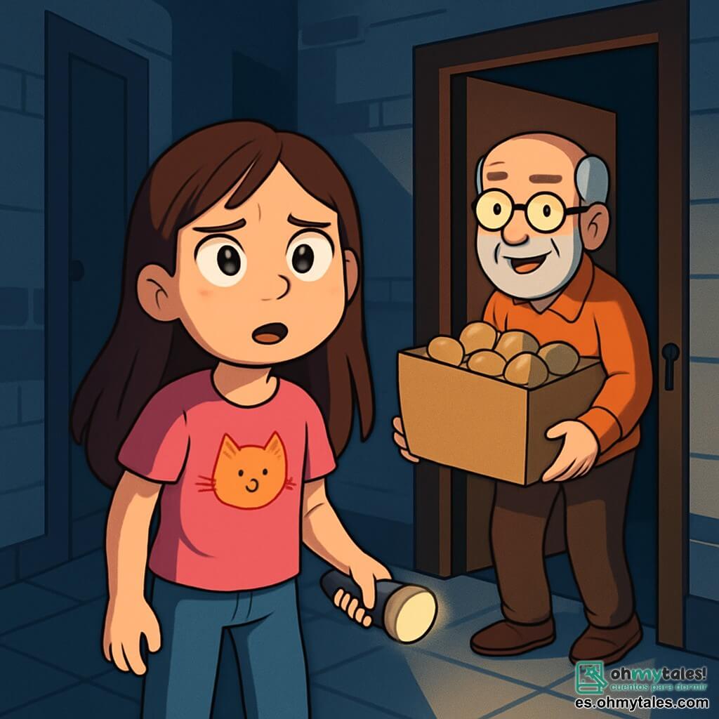 Una niña de 10 años, con largos cabellos castaños y ojos brillantes, se encuentra en medio de un pasillo de un edificio. Tiene una expresión de curiosidad y aprensión, con las cejas ligeramente fruncidas y la boca entreabierta, como si estuviera a punto de hablar. Lleva una camiseta rosa con un estampado de gato y unos jeans azules, y sostiene una pequeña linterna en la mano. A su lado, un hombre de unos 60 años, el vecino, con gafas redondas y barba gris, arrastra una gran caja de patatas. Sonríe amablemente, mostrando que no hay nada que temer. El pasillo es oscuro, con paredes de ladrillo gris y un suelo de baldosas brillantes. La situación principal muestra a la niña, dudosa pero decidida, lista para enfrentar sus miedos al descubrir que los ruidos extraños provienen de personas amigables y no de monstruos.