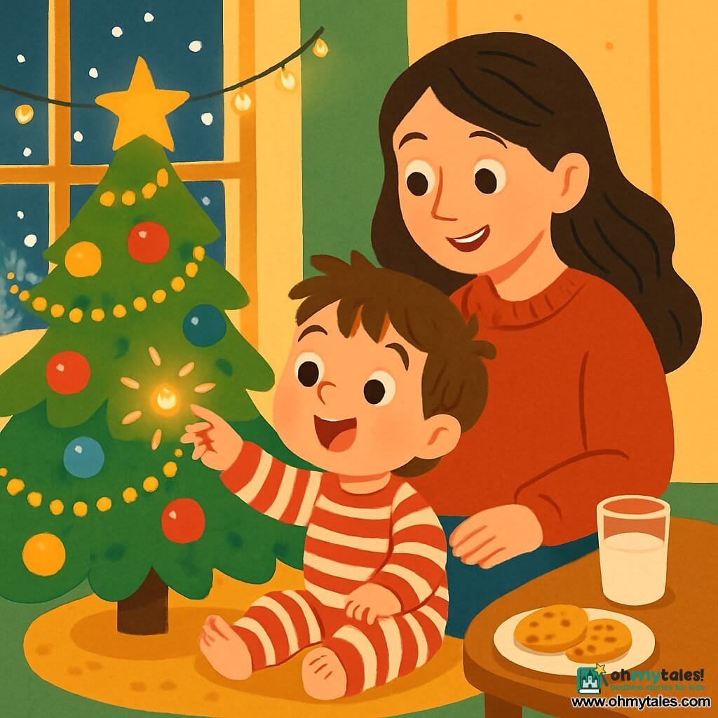 A 2-year-old boy with sparkling eyes and rosy cheeks is sitting on a fluffy carpet. He smiles in wonder, reaching for a shimmering light on the Christmas tree. His messy brown hair and soft red and white striped pajamas add to his charm. Next to him is his mother, a woman around 30 years old, with long brown hair and a warm smile, wearing a red wool sweater. She looks at her son tenderly while showing him the decorated tree. The cozy living room is lit by fairy lights, and the majestic tree is adorned with colorful baubles and golden garlands, while snowflakes gently fall outside the window, creating a magical atmosphere. The boy, enchanted, touches one of the lights on the tree, with a small golden star shining at the top. The room is filled with warmth and joy, with a plate of cookies and a glass of milk on a nearby table.