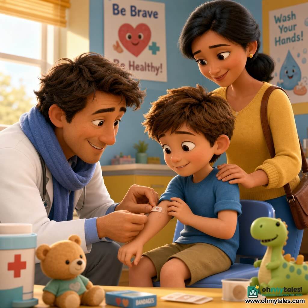 A gentle male doctor in his forties with kind eyes and slightly tousled brown hair, wearing a clean white coat and soft blue scarf, kneels to apply a small bandage to a boy’s elbow while smiling reassuringly; the boy, about 7, with light chestnut messy hair, sits on a low chair holding his bandaged elbow and looking relieved and curious; the mother, about 35, medium skin tone with tied-back black hair, stands behind with a hand on his shoulder, grateful and calm; the sunny small clinic has pastel blue and yellow walls, colorful health posters, a table with bandages and toys, and warm window light; the scene is a calm, collaborative care moment with close composition, soft colors, warm lighting, smooth textures and cute details for a 3D animated cinematic look.