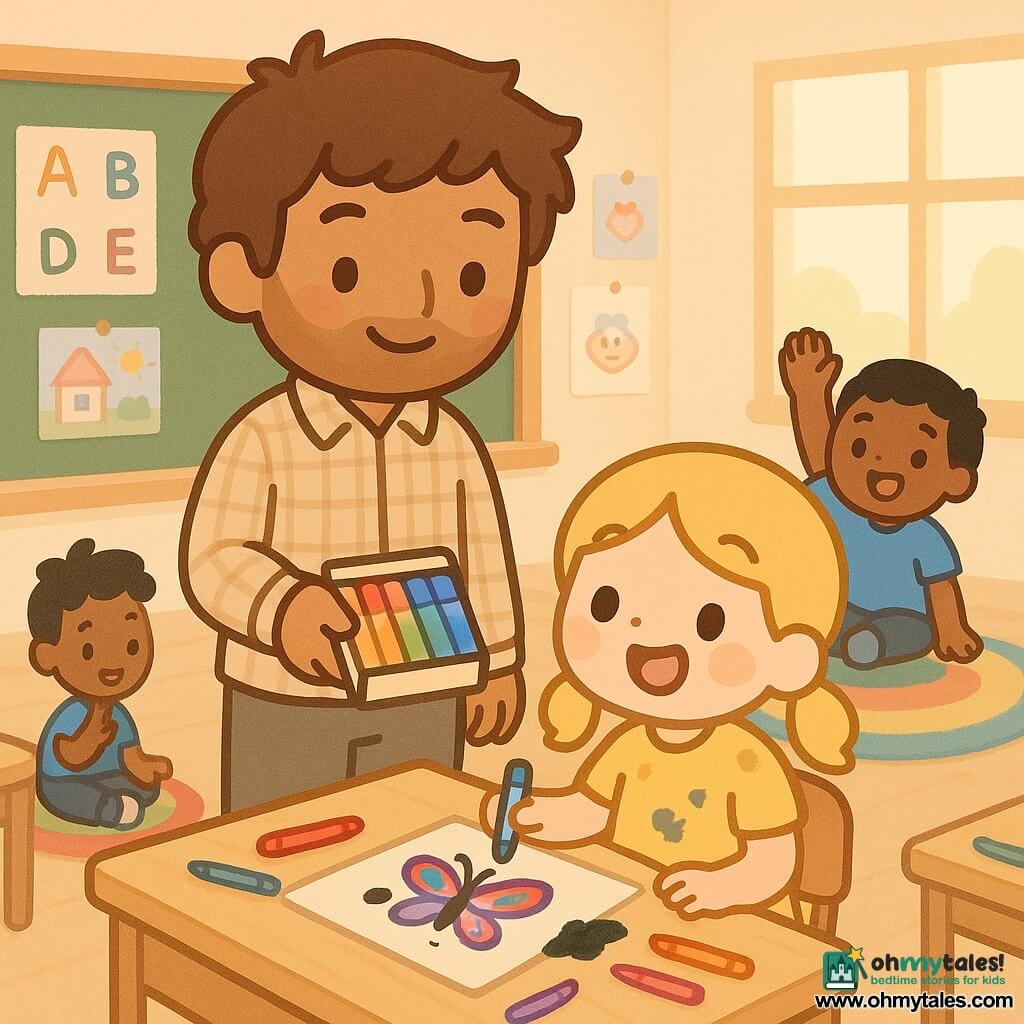 A warm-smiling male teacher with slightly messy brown hair and a soft plaid shirt stands at the front of a bright classroom offering a box of colored markers, encouraging students not to fear mistakes; Lucy, about 7–8 with blonde pigtails in a yellow dress stained with ink, sits in the foreground marveling as she turns a dark blot into a colorful butterfly with a marker; Sam, about 8 with short black hair in a blue T-shirt, enthusiastically raises his hand from a reading rug near the board; the room has pastel walls with alphabet posters and children’s drawings, large windows casting sunlight, light wooden tables with scattered crayons and a multicolored round rug, overall clear composition, vivid colors, simple shapes, soft shadows, and an optimistic, creative atmosphere.