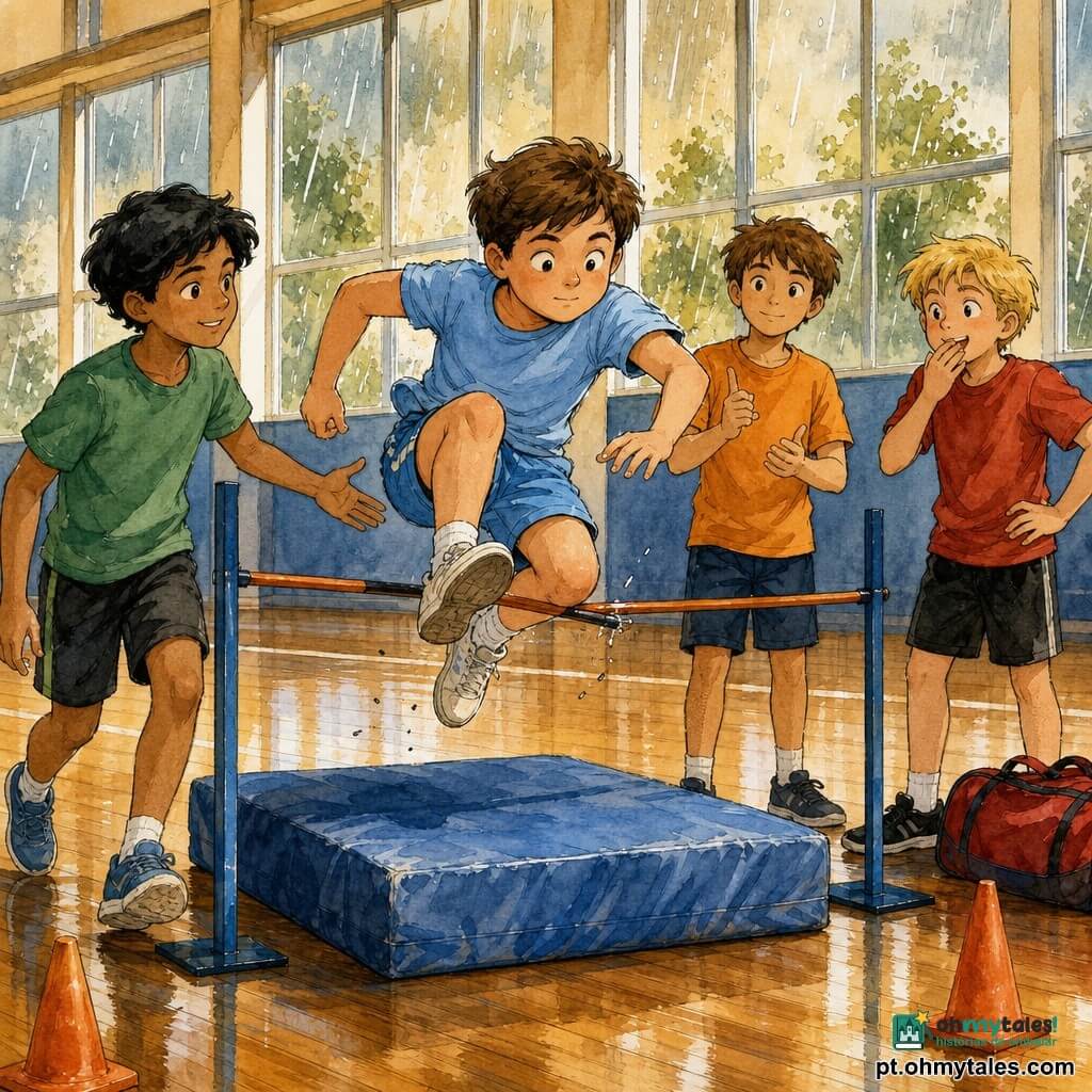 Quatro crianças: Léo, garoto ~11 anos, cabelo castanho curto, rosto concentrado, no centro em pleno salto sobre uma barra baixa, joelhos levantados, roupa esportiva azul-claro e tênis brancos; Rafa, garoto ~11 anos, cabelo preto ondulado, sorriso tranquilizador, à esquerda de Léo pronto para apoiar, camiseta verde; Tomás, garoto ~11 anos, cabelo loiro, expressão dramática/divertida, à direita e recuado com a mão na boca, bolsa de esporte vermelha ao lado; Gui, garoto ~11 anos, cabelo castanho, olhar calmo, atrás de Léo fazendo gesto de ritmo com os dedos, camiseta laranja. Local: interior de ginásio escolar com piso de madeira envernizado, grandes janelas altas com gotas de chuva e luz dourada úmida, grande colchão azul sob a barra, cones laranja e linha branca no chão. Situação: salto bem-sucedido mas imperfeito — Léo no ar tocando levemente a barra, pouso iminente; amigos encorajando, rostos empáticos; composição centrada com silhuetas nítidas em tinta e lavados suaves de aquarela (azuis, verdes, ocres), texturas de madeira e tecido e pequenas salpicaduras de tinta para mostrar movimento e emoção.