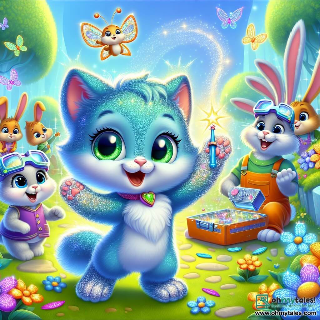 An illustration depicts a small cat with shimmering blue fur and large, sparkling green eyes, joyfully dancing in a magical garden with its paws raised and a sparkling tail behind it. Beside the cat, a small white rabbit with soft fur and protective glasses watches in wonder, its eyes shining with joy, holding a tiny magic wand ready to help its friend. Behind them, a group of rabbits with long ears and colorful vests are busy around a carrot-shaped machine, their faces focused and determined as they adjust shiny parts. The main setting is a fairy-tale garden filled with bright, colorful flowers, where trees shimmer in the sunlight and multicolored butterflies flutter around, enhancing the magical atmosphere. The main scene shows the cat and rabbit united in a joyful dance, celebrating their victory after protecting the garden from robotic bees, with flower petals swirling around them, creating a festive and enchanted ambiance. Additional graphic elements include colorful machines, bright flowers, and sparkling magic bursts illuminating the scene, reinforcing the illustration's fantastic and joyful aspect.