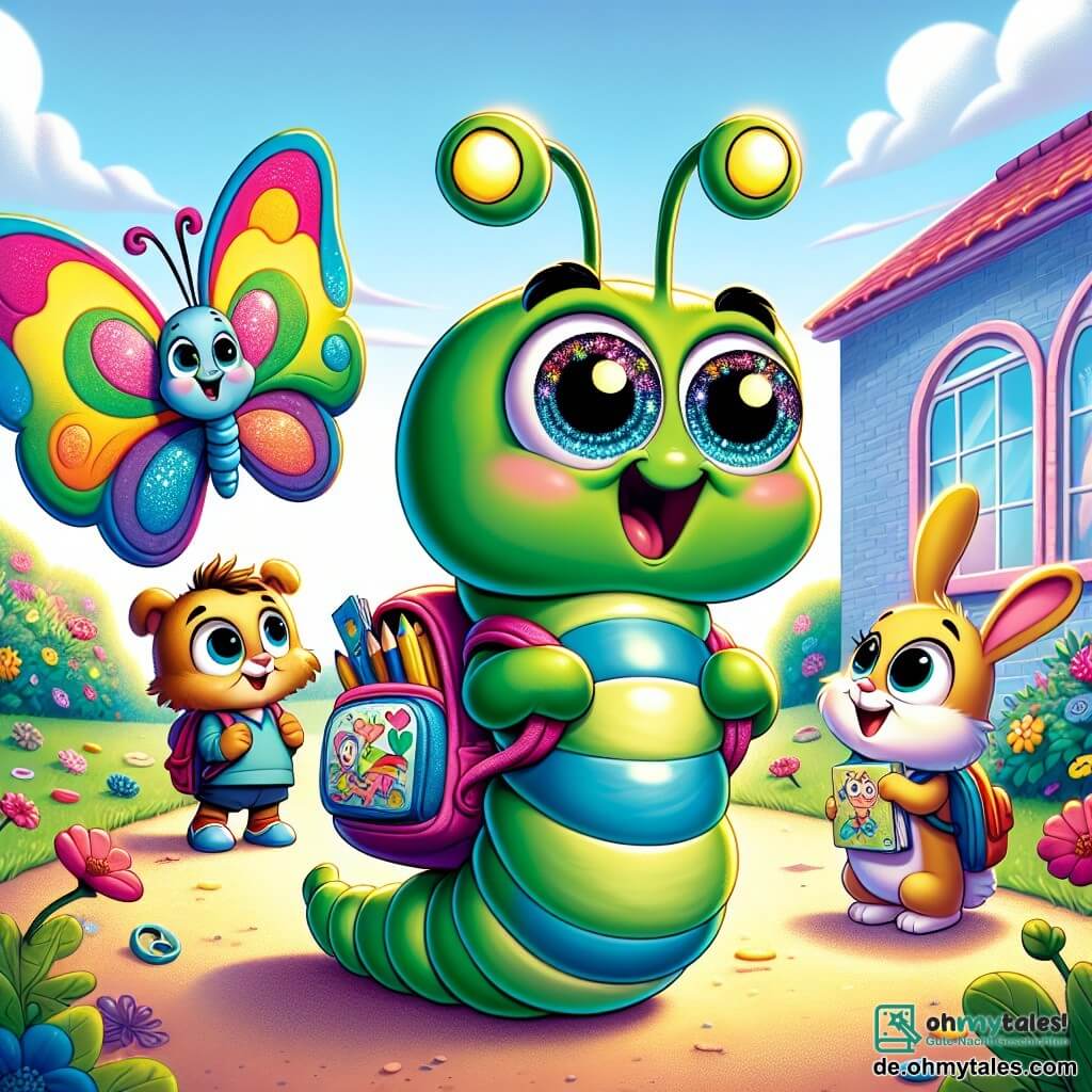 Wiggle, ein kleiner Wurm mit glänzenden grünen Streifen und funkelnden Augen wie Sterne, steht in der Mitte des Bildes und lächelt aufgeregt, während er einen bunten Rucksack voller Schulmaterialien hält. Rechts von ihm fliegt Max, ein fröhlicher Schmetterling mit bunten Flügeln, enthusiastisch und bereit, Wiggle zum Spielen einzuladen. Links schaut Mia, ein kleines Kaninchen mit großen Ohren, freundlich lächelnd mit einem illustrierten Geschichtsbuch in der Hand, bereit, ihre Abenteuer zu teilen. Die Kulisse ist eine bunte Schule mit himmelblauen Wänden und wolkenförmigen Fenstern, umgeben von einem blühenden Garten, in dem leuchtende Blumen im Wind tanzen. Im Hintergrund spielen und lachen Kinder, was eine fröhliche Atmosphäre schafft. Die Szene zeigt den Moment, in dem Wiggle, nervös aber glücklich, sich darauf vorbereitet, an seinem ersten Schultag mit seinen neuen Freunden in die Schule zu gehen, bereit für einen Tag voller Abenteuer und Lernen.