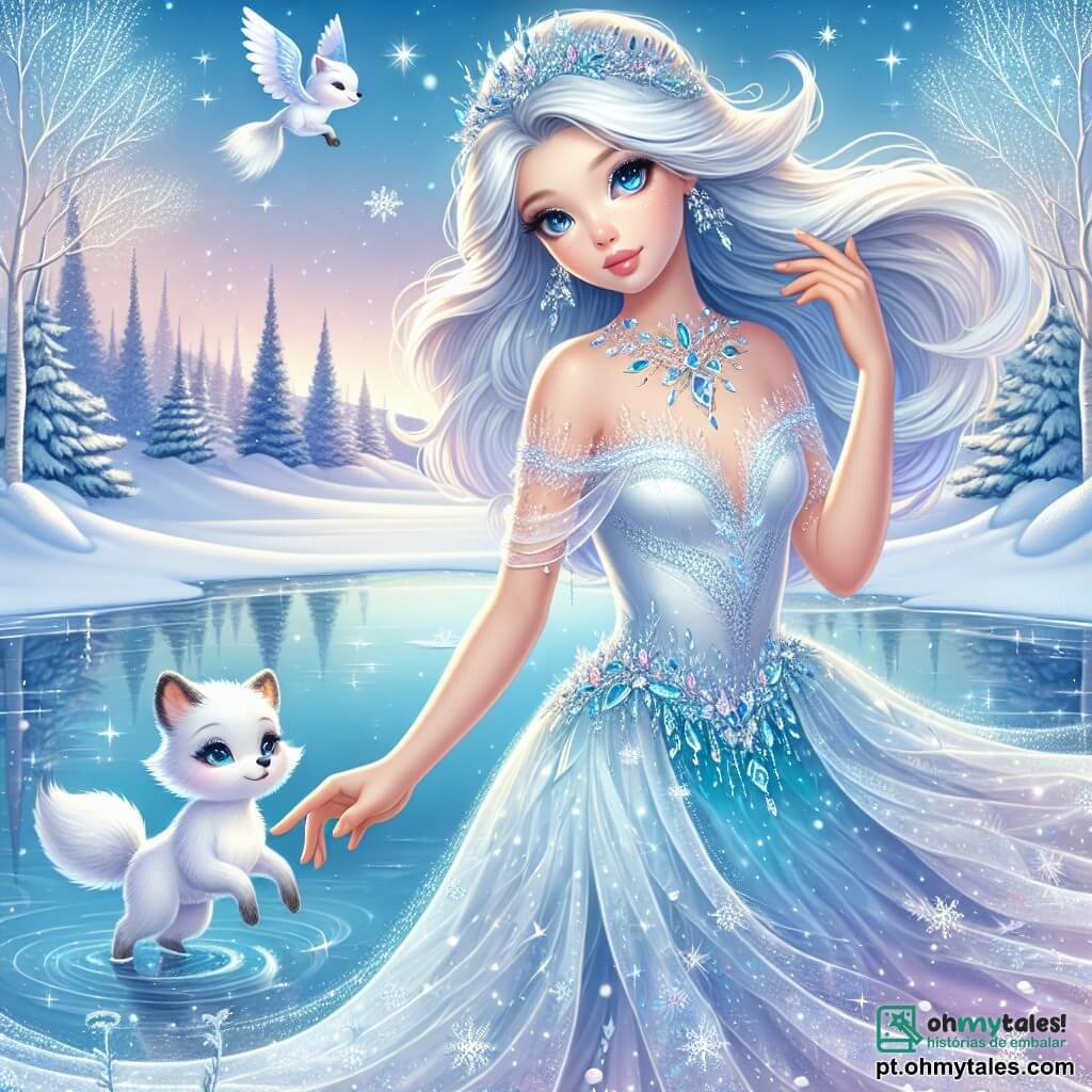 A Rainha da Neve, uma mulher majestosa de beleza etérea, veste um vestido cintilante de cristal e neve, com seus longos cabelos prateados flutuando como flocos ao vento. Seu rosto expressa uma suave melancolia, com olhos azul glaciar que brilham com um brilho mágico. Ela está à beira de um lago congelado, tocando delicadamente a superfície do gelo, observando os sonhos que dançam abaixo. Ao seu lado, uma pequena raposa de pelagem branca brinca alegremente na neve, com olhos brilhantes de curiosidade. O cenário é uma paisagem invernal encantadora, com árvores cobertas de cristais de gelo cintilantes e flocos de neve caindo suavemente do céu azul claro. A situação principal mostra a Rainha da Neve criando a Carta das Maravilhas, um rolo de papel mágico, enquanto contempla a beleza da paisagem invernal ao seu redor, pronta para compartilhar a magia do inverno com seu reino.