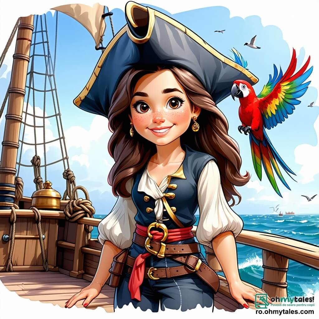 În centrul imaginii, căpitanul Ana, o femeie pirat curajoasă de aproximativ 30 de ani, stă mândră pe puntea navei sale, "Marea Aventură". Are părul lung, brunet, fluturând în vânt, o pălărie de pirat ornamentată cu o pană colorată și un zâmbet strălucitor pe față, arătându-și determinarea și bucuria. La dreapta ei, Timmy, o papagal colorat, zboară în jurul ei, penele sale vii de roșu, albastru și galben adăugând o notă de veselie scenei. Pare entuziasmat, cu ochii strălucitori, strigând încurajări căpitanului său. La stânga, Bobo, un marinar robust de aproximativ 25 de ani, ține ferm timoneria, mușchii săi fiind evidențiați, iar fața concentrată. Poartă o vestă din piele și un bandană pe cap, pregătit să înfrunte provocările mării. Decorul este al unei mări calme și însorite, cu valuri blânde și un cer albastru presărat cu câteva nori albi. În fundal, se văd insule verzi și păsări în zbor. Situația principală o arată pe Ana, împreună cu echipajul său, navigând spre o insulă misterioasă, ținând o veche hartă a comorii în mână, plină de entuziasm și anticipare pentru aventura care îi așteaptă.