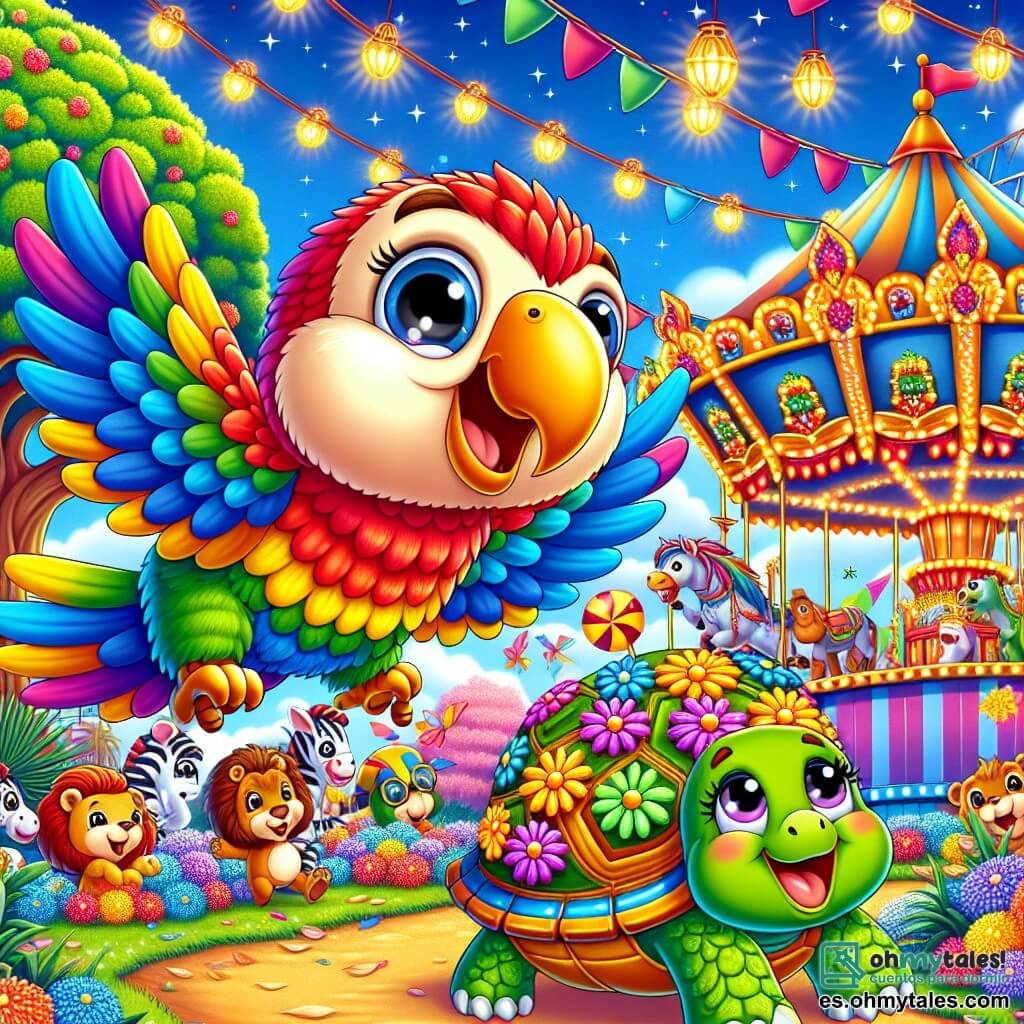 Un loro colorido llamado Lolo, con plumas brillantes de rojo, azul, amarillo y verde, vuela alegremente sobre un parque de carnaval, su rostro radiante de felicidad y emoción. A su lado, una tortuga llamada Tula, con un caparazón decorado con flores coloridas, sonríe con asombro mientras danza sobre sus patas, llena de alegría. Al fondo, un gran árbol majestuoso está decorado con guirnaldas de flores y linternas brillantes, mientras que animales disfrazados, como un león con capa dorada y una cebra pintada de colores vivos, se divierten alrededor de un puesto de juegos. La escena muestra el momento en que Lolo y Tula descubren el carnaval, rodeados de risas y colores, listos para vivir una aventura mágica juntos.