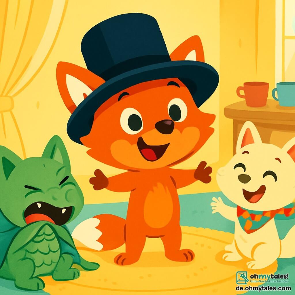 Ein kleiner Fuchs mit leuchtend rotem Fell und großen, fröhlichen Augen steht im Mittelpunkt der Szene, trägt einen großen schwarzen Hut und hat ein schelmisches Lächeln im Gesicht. Rechts von ihm ist seine Schwester, eine kleine Füchsin mit cremefarbenem Fell, die einen hübschen bunten Schal trägt und vor Aufregung lacht. Links steht ihr Bruder, ein junger Fuchs mit grünem Fell, der eine Drachengrimasse macht, mit Schuppen auf seinem grünen Kissen, und zeigt ein komisches, fröhliches Gesicht. Der Hintergrund ist ein gemütliches Familienzimmer mit sanft gelben Wänden, einem großen weichen Teppich und einem leichten Vorhang, der Sonnenlicht hereinlässt. Im Hintergrund steht ein Holztisch, der mit bunten Teetassen gedeckt ist. Die Szene zeigt die drei Füchse, die ein Theaterstück vorbereiten, als plötzlich ein großes Tuch auf den Bruder fällt, was allgemeines Gelächter auslöst. Die Charaktere sind von einer fröhlichen und spielerischen Atmosphäre umgeben, die den Geist eines schönen Familientages einfängt.