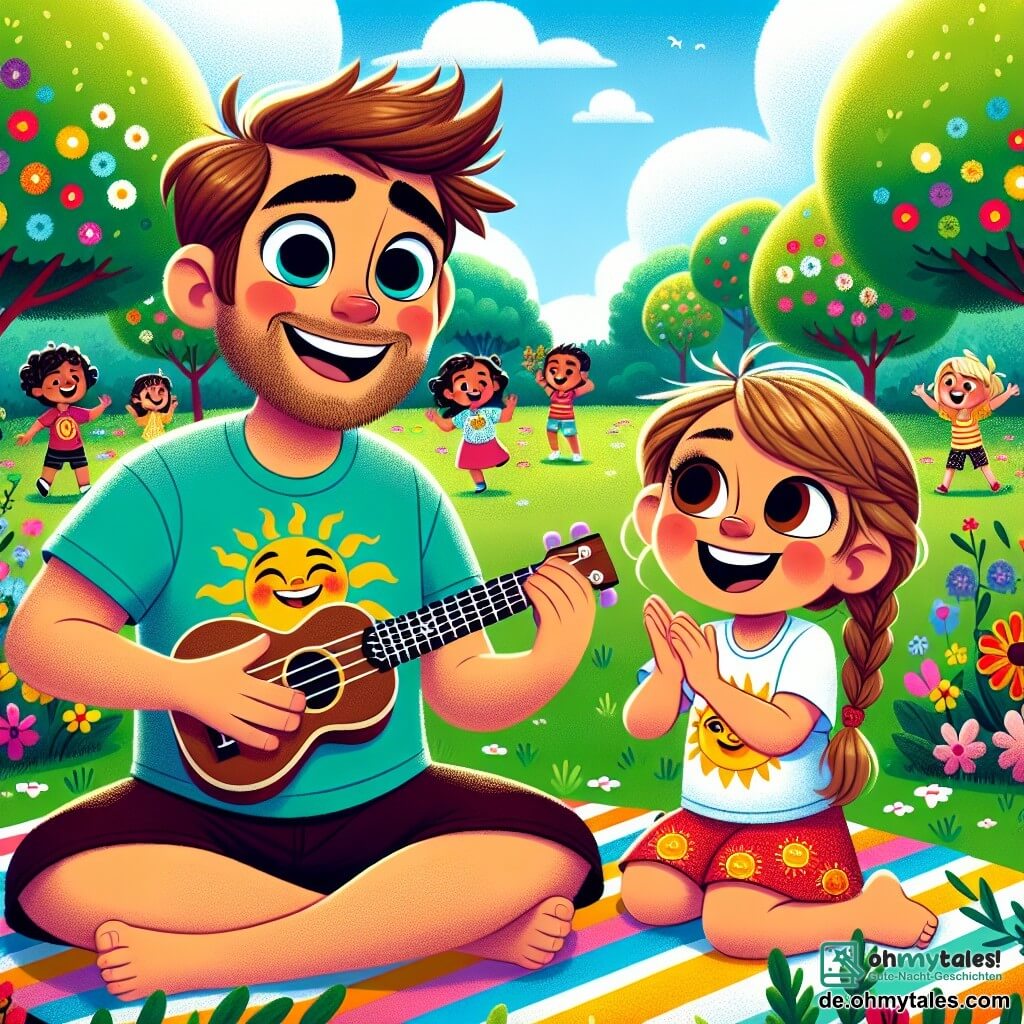 Max, ein lächelnder Mann mit braunen Haaren und einem leichten Bart, spielt fröhlich Ukulele, seine Augen strahlen vor Glück. Er trägt ein buntes T-Shirt und Shorts, sitzt auf einer bunten Decke in einem sonnigen Park. Neben ihm klatscht Mia, ein 7-jähriges Mädchen mit blonden Zöpfen und einem T-Shirt mit Sonnenmotiv, lachend in die Hände, voller Energie und Begeisterung. Der Park ist voller leuchtender Blumen, großer Bäume mit grünen Blättern und einem hellblauen Himmel, der mit flauschigen weißen Wolken übersät ist. Kinder spielen um sie herum und schaffen eine fröhliche und lebhafte Atmosphäre. Die Hauptsituation zeigt Max und Mia, die gemeinsam ihr Lied über Freundschaft und Freude singen, umgeben von ihren Freunden, die tanzen und Spaß haben, alle vereint durch die Magie der Musik.