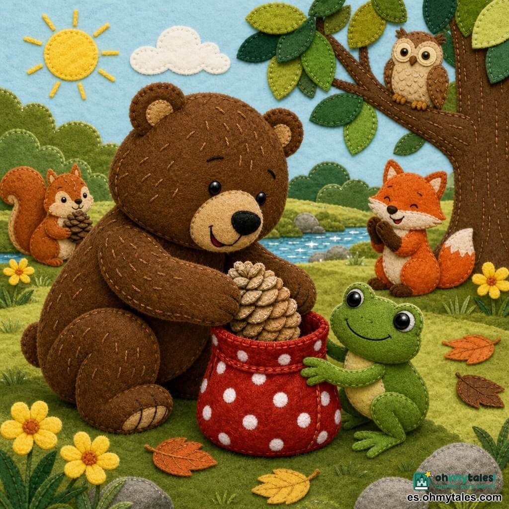 Bruno, un gran oso marrón de fieltro de expresión concentrada y alegre, se agacha y coloca delicadamente una piña beige sobre una cesta roja con lunares blancos; Rita, una pequeña rana verde de terciopelo, sonríe y sujeta la base de la cesta; al fondo, animales del bosque —una ardilla rojiza con otra piña, un zorro naranja aplaudiendo y un búho beige en una rama— forman un público; claro soleado junto a un arroyo, hierba de fieltro, flores amarillas y árbol con hojas superpuestas; la escena muestra el desafío: Bruno y Rita ensamblan una torre de cinco piñas sobre la cesta, con tensión amable y júbilo, texturas de fieltro y bordados visibles, colores cálidos y composición simple y legible para un niño de 4 años.