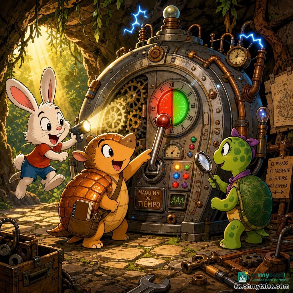 Timoteo, un armadillo redondeado y simpático, sonriente y maravillado, lleva un cuadernito marrón en bandolera, ojos grandes y brillantes, caparazón de escamas cobrizas y toca con curiosidad una gran palanca cromada de la máquina; Lucas, un conejo blanco de largas orejas rosadas, está entusiasmado y salta a la izquierda sosteniendo una linterna antigua que ilumina engranajes; Rosa, una tortuga de caparazón verde moteada, es tranquila y atenta a la derecha con una lupa mirando botones luminosos; la máquina del tiempo es una cabina retrofuturista redonda de metal cepillado con engranajes vistos, tubos de cobre, botones de colores y un gran dial rojo y verde que emite chispas azules y luz suave; la escena ocurre en la entrada de una caverna entre árboles, suelo de piedra con musgo y un rayo de sol dorado, herramientas oxidadas alrededor; los tres se disponen a activar la máquina en una atmósfera de emoción y descubrimiento, colores cálidos, contrastes marcados, estilo dibujo animado de los años 90 con contornos gruesos, texturas simples y expresiones claras para niños.