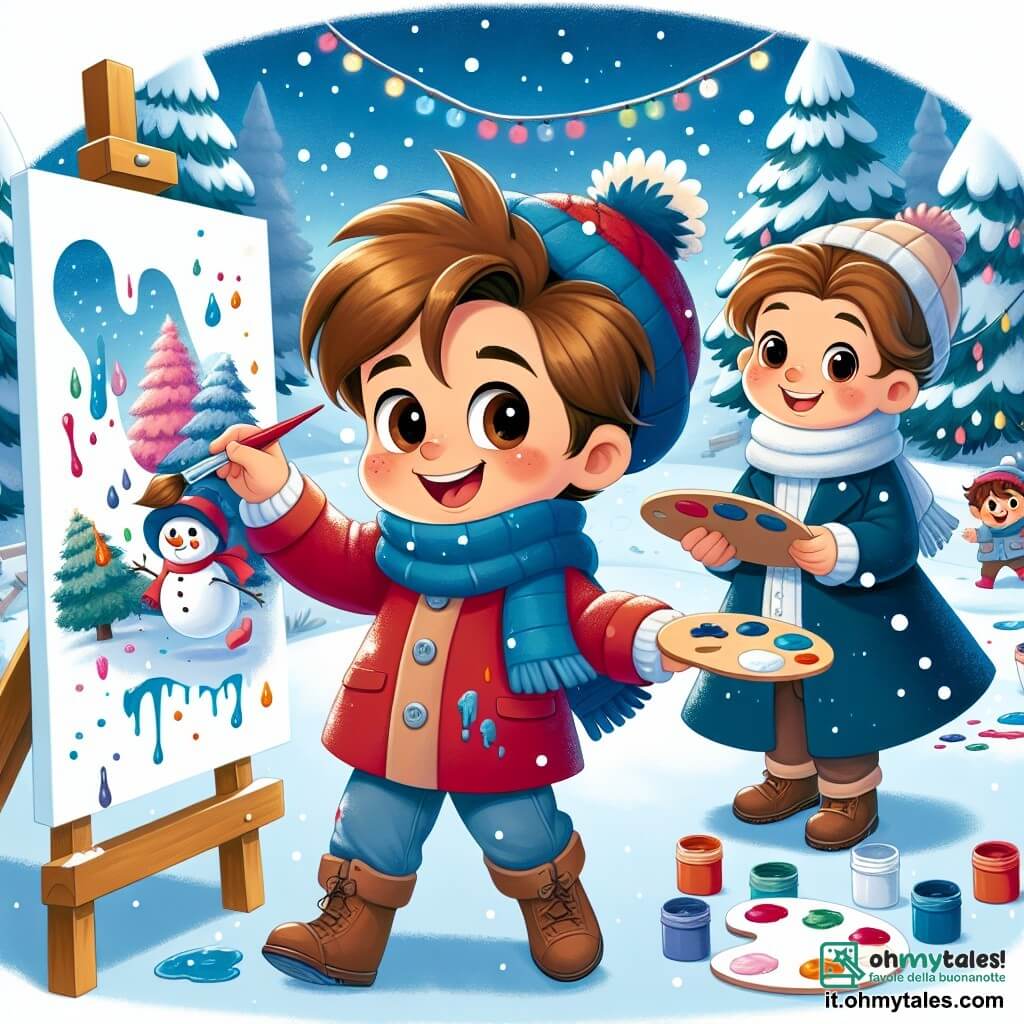 Un ragazzino di 5 anni, di nome Luca, si trova al centro della scena, con un grande sorriso sul volto. Ha i capelli castani e le guance rosate, indossa un cappotto rosso vivo, una sciarpa blu e un berretto abbinato. Sta dipingendo su una grande tela bianca, circondato da barattoli di vernice colorata, con schizzi di colore sui guanti. Accanto a lui, sua madre, una donna di circa trent'anni, osserva con orgoglio. Ha i capelli castani raccolti in un chignon e indossa un cappotto blu navy. Tiene un pennello in una mano e sorride guardando il capolavoro di suo figlio. Lo sfondo è un parco invernale incantato, con alberi coperti di neve scintillante, fiocchi di neve che cadono dolcemente dal cielo azzurro e luci di Natale che illuminano i dintorni. Sullo sfondo, si vedono bambini che giocano nella neve, costruendo pupazzi di neve e facendo battaglie di palle di neve. La scena principale mostra Luca, assorto nella sua pittura, mentre cattura la magia dell'inverno sulla sua tela, mentre sua madre lo incoraggia con un sorriso caloroso, creando un'atmosfera gioiosa e festosa.